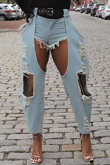 Street Fashion Ripped Raw Edge Belt Jeans*