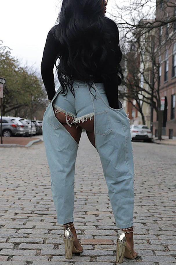 Street Fashion Ripped Raw Edge Belt Jeans*