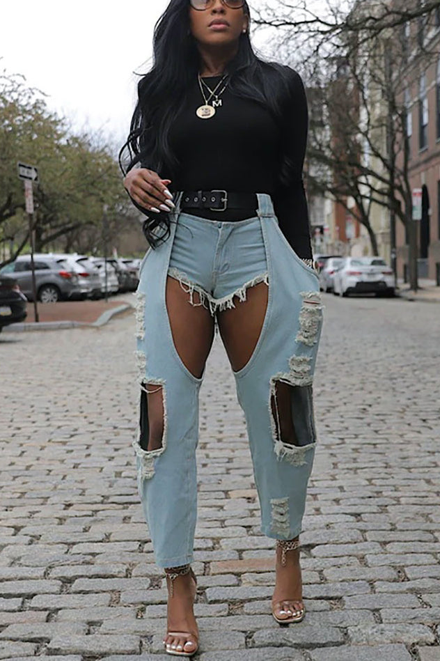 Street Fashion Ripped Raw Edge Belt Jeans*