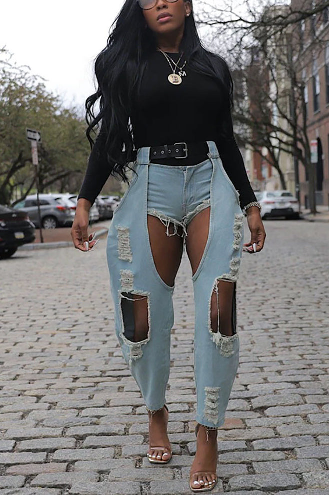 Street Fashion Ripped Raw Edge Belt Jeans*