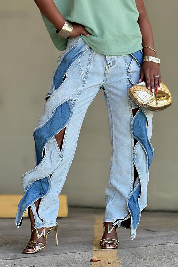 Fashionable Twisted Contrast Color Stitching Straight Jeans*