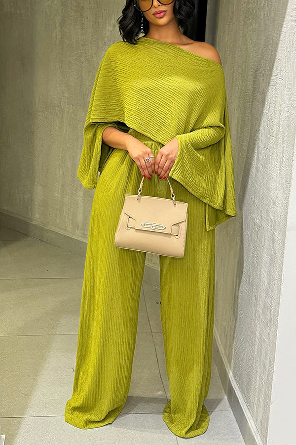 Chic Oblique Neck Irregular Top & Pleated Pants Set*