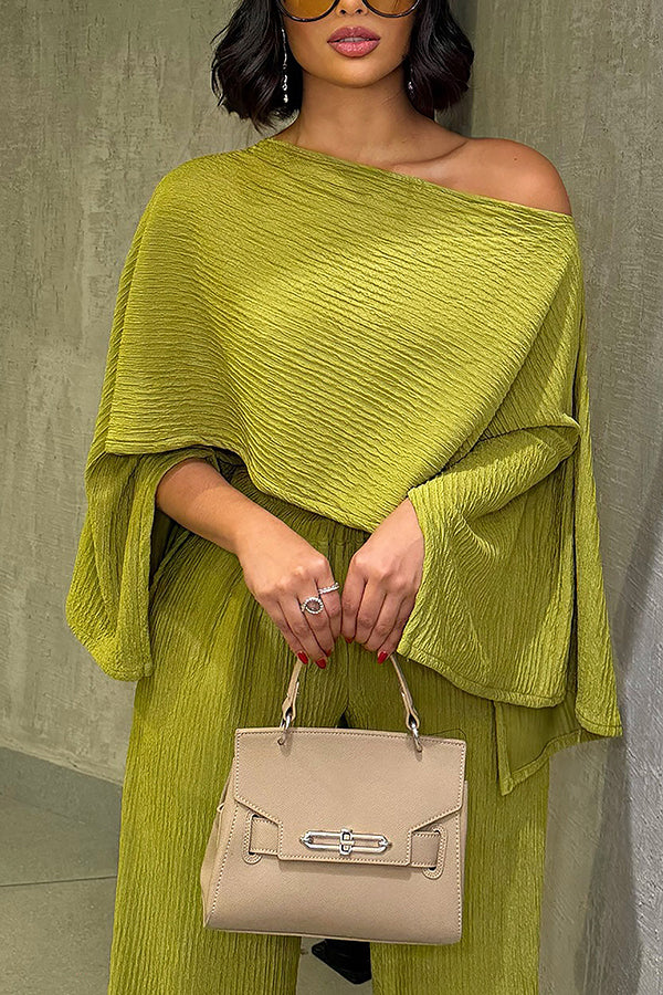 Chic Oblique Neck Irregular Top & Pleated Pants Set*