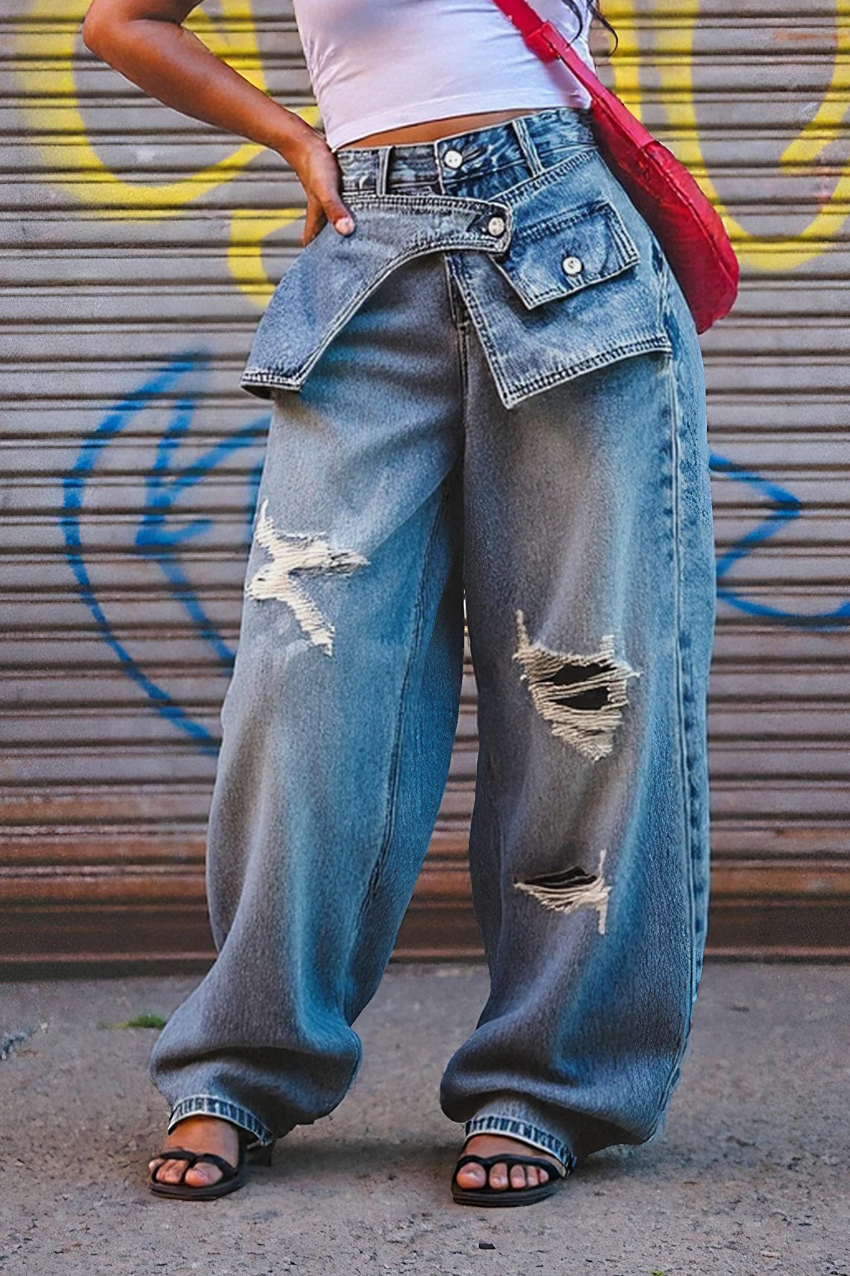 Street Unique Design Double Waistband Ripped Jeans*