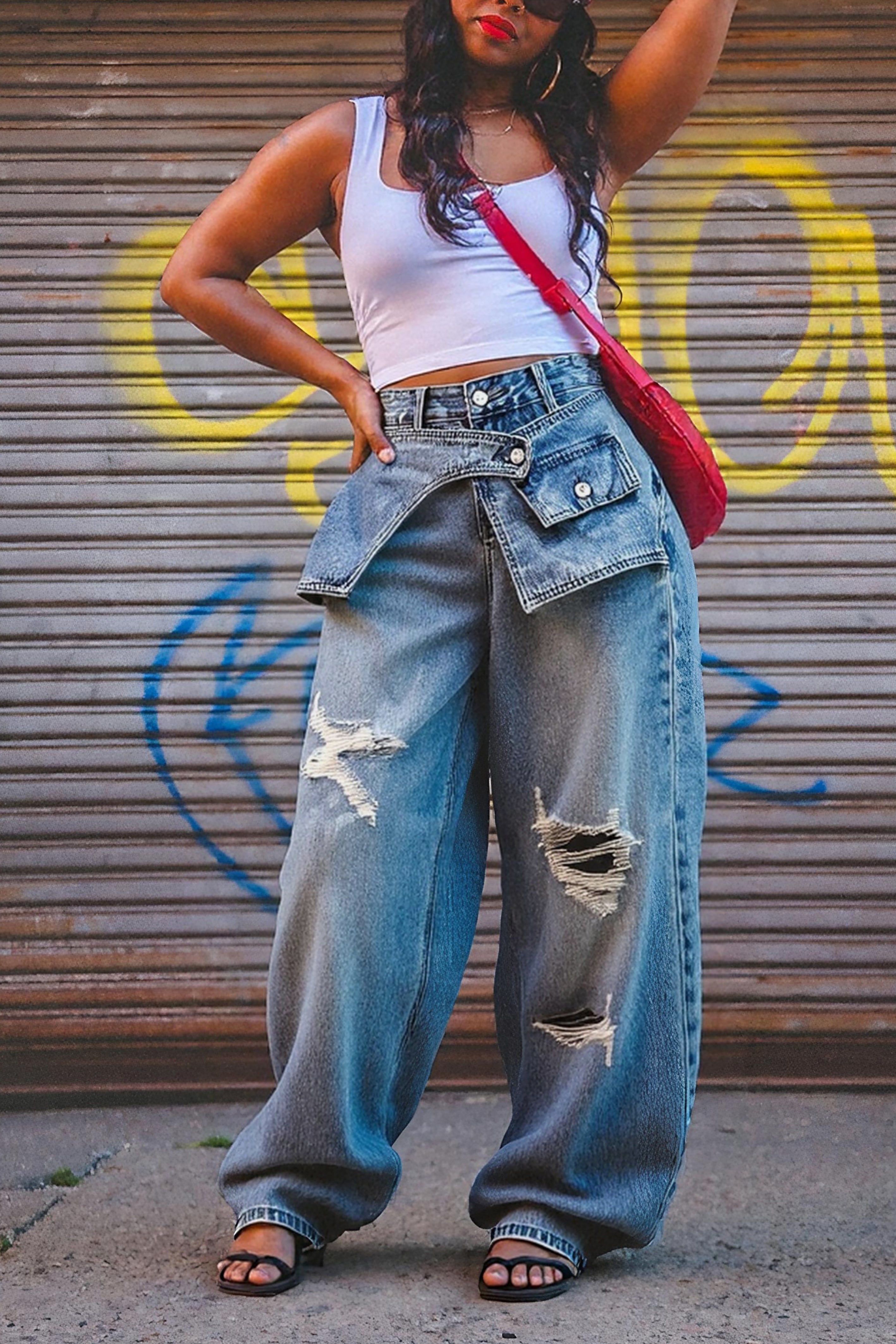 Street Unique Design Double Waistband Ripped Jeans*