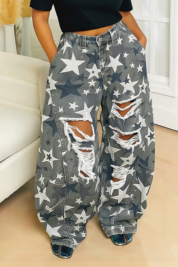 Street Fashion Washed Camouflage Star Ripped Scimitar Jeans*