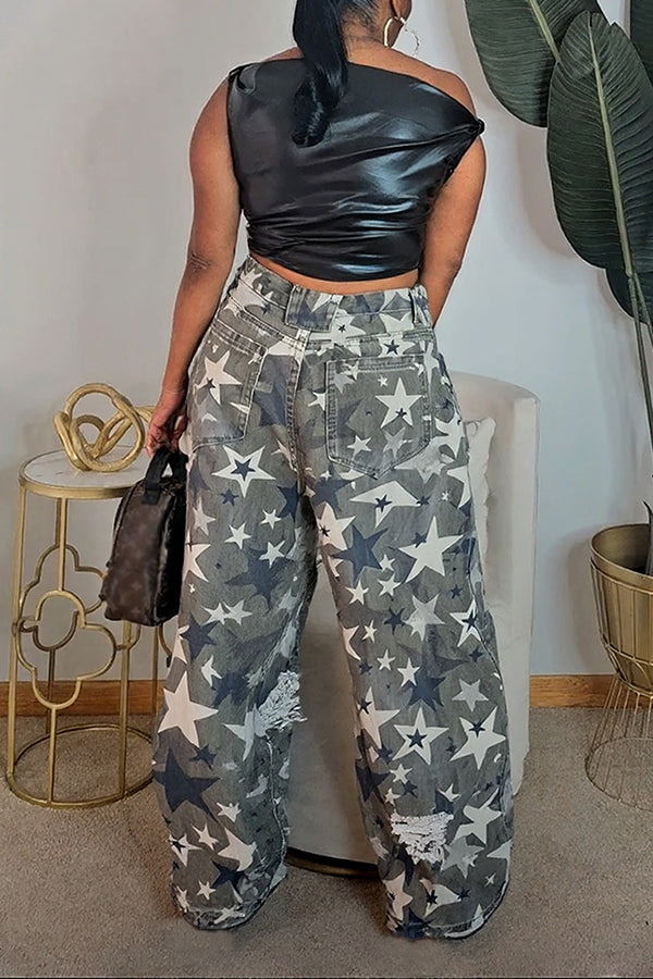 Street Fashion Washed Camouflage Star Ripped Scimitar Jeans*