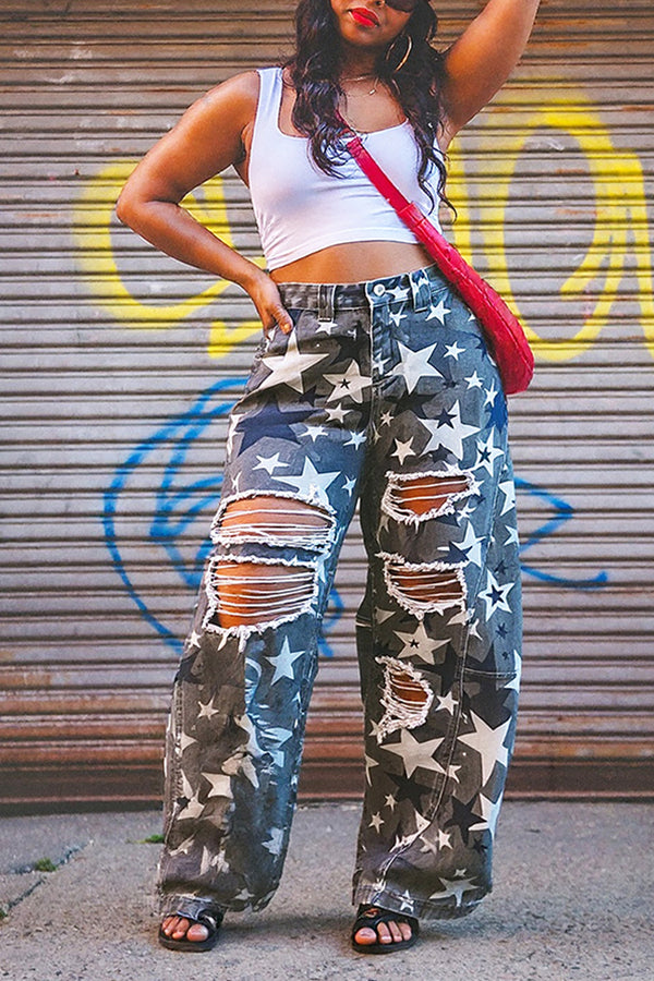 Street Fashion Washed Camouflage Star Ripped Scimitar Jeans*