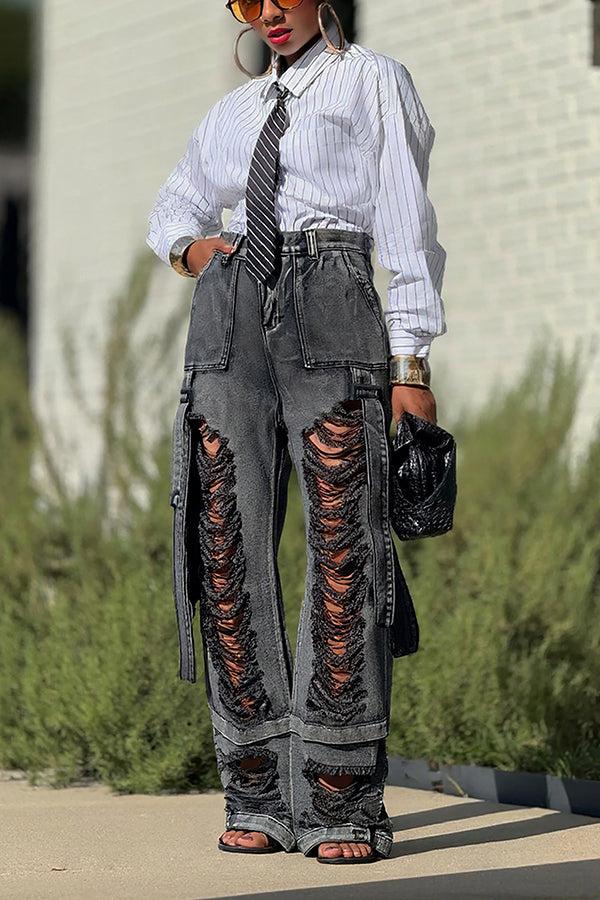 Street Fashion Ripped Ribbon Work Jeans*