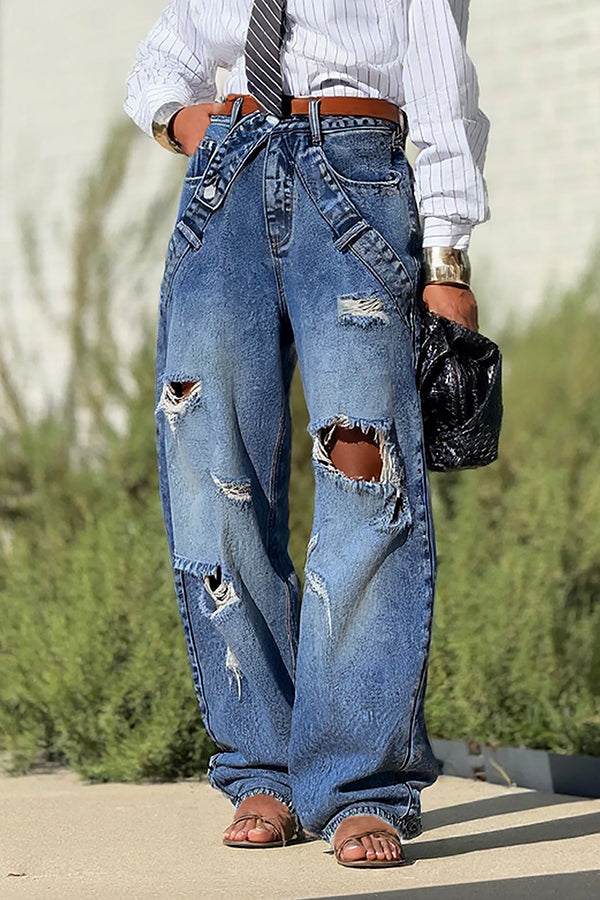 Street Fashion Ripped Waist Unique Design Scimitar Jeans*