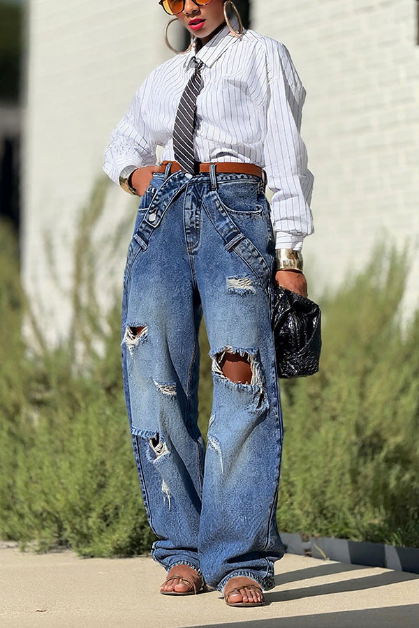 Street Fashion Ripped Waist Unique Design Scimitar Jeans*