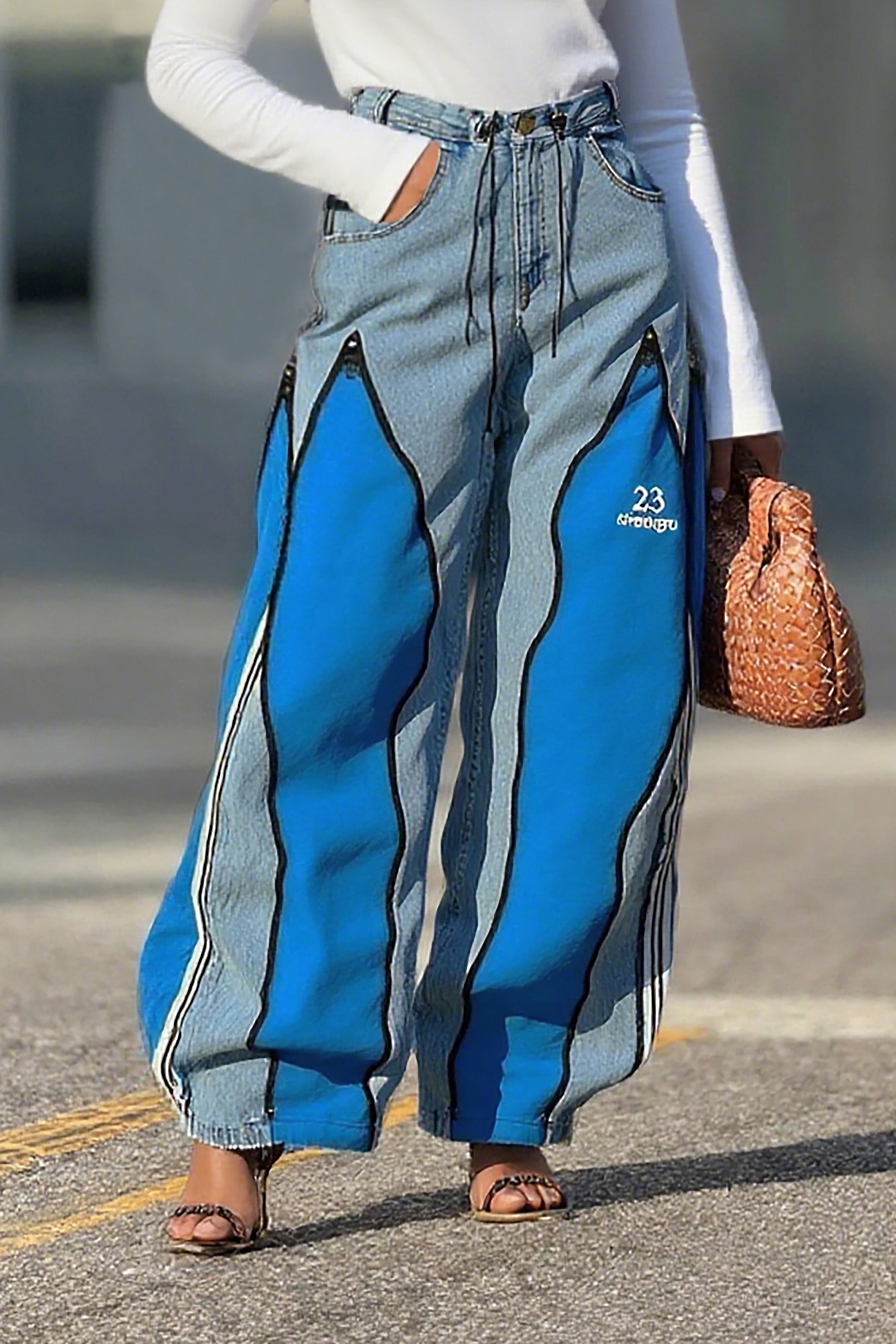 Street Fashion Patchwork Contrast Color Zipper Jeans*