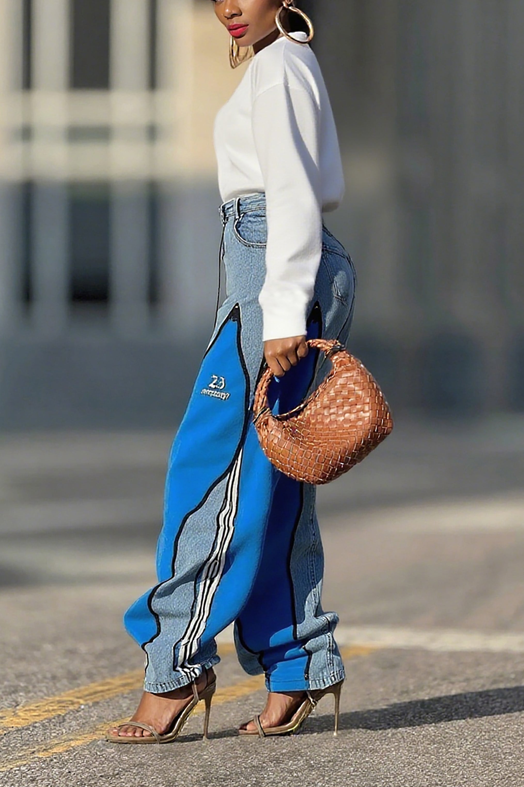 Street Fashion Patchwork Contrast Color Zipper Jeans*