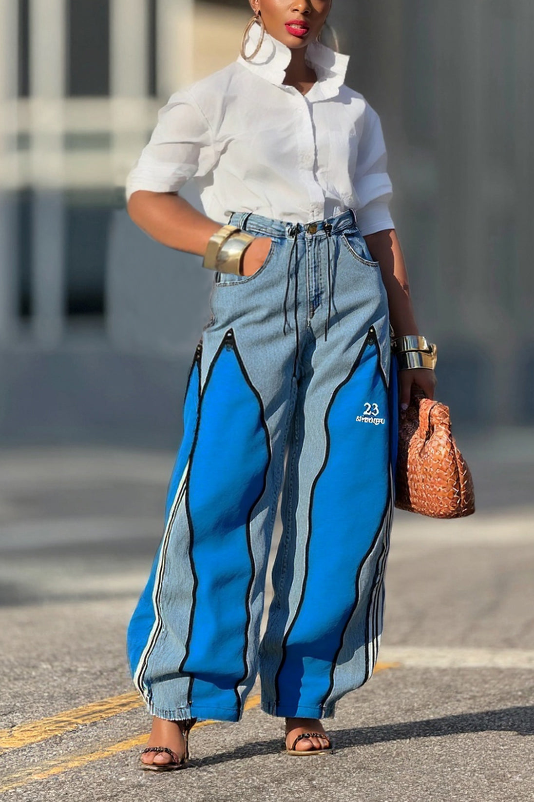 Street Fashion Patchwork Contrast Color Zipper Jeans*