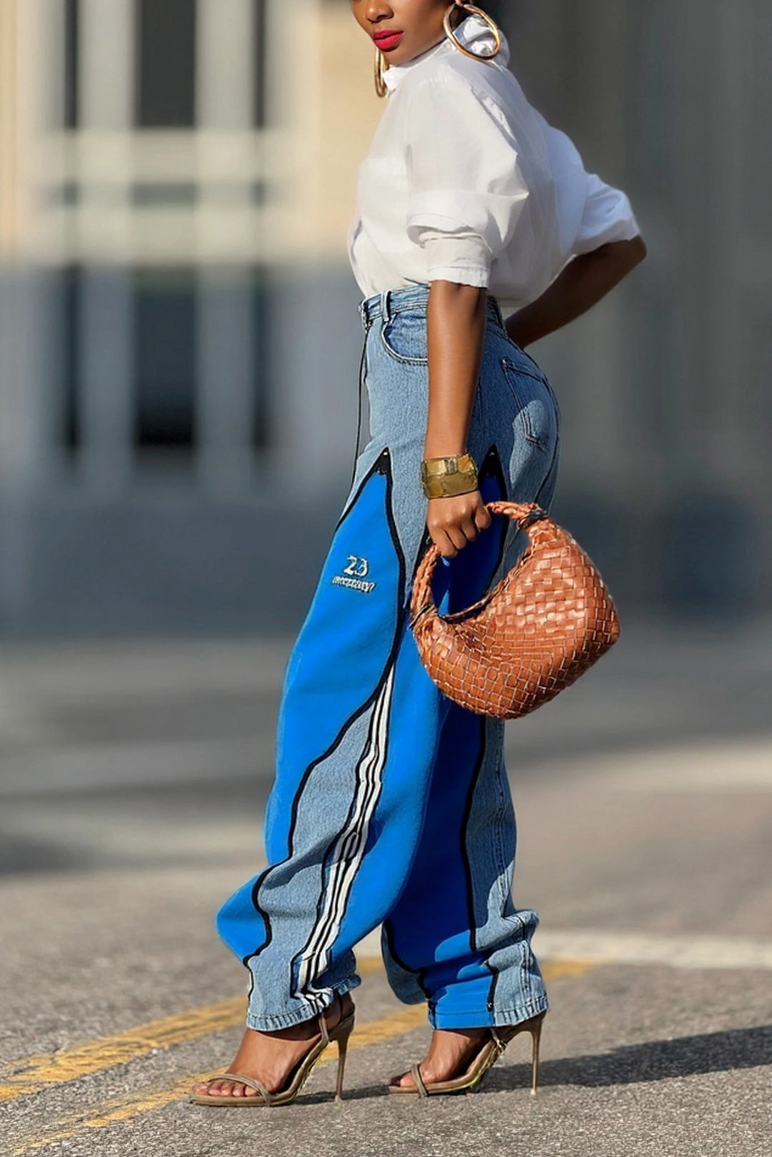 Street Fashion Patchwork Contrast Color Zipper Jeans*