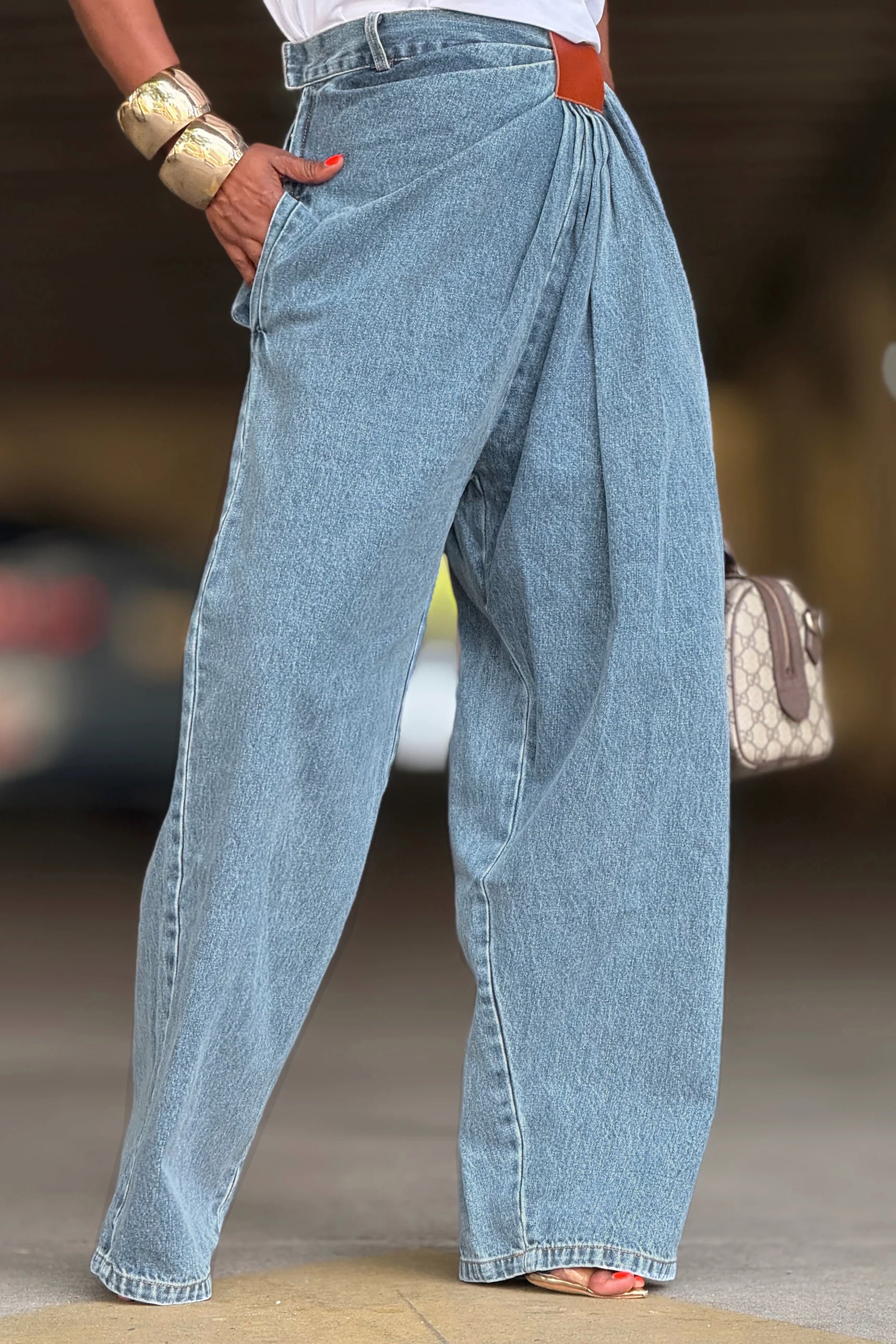 Street Fashion High Rise Drape Pu Waist Brand Jeans*