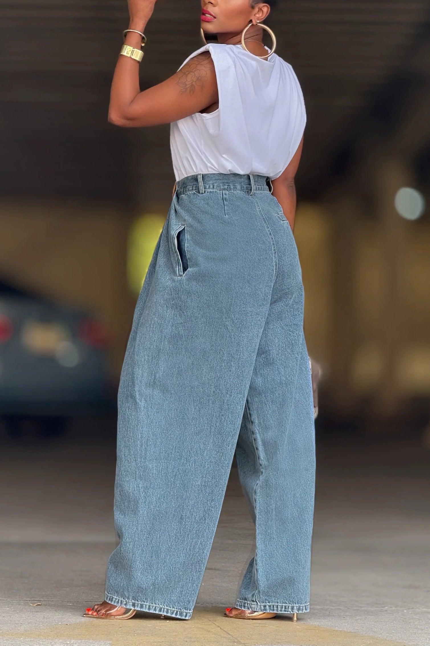 Street Fashion High Rise Drape Pu Waist Brand Jeans*