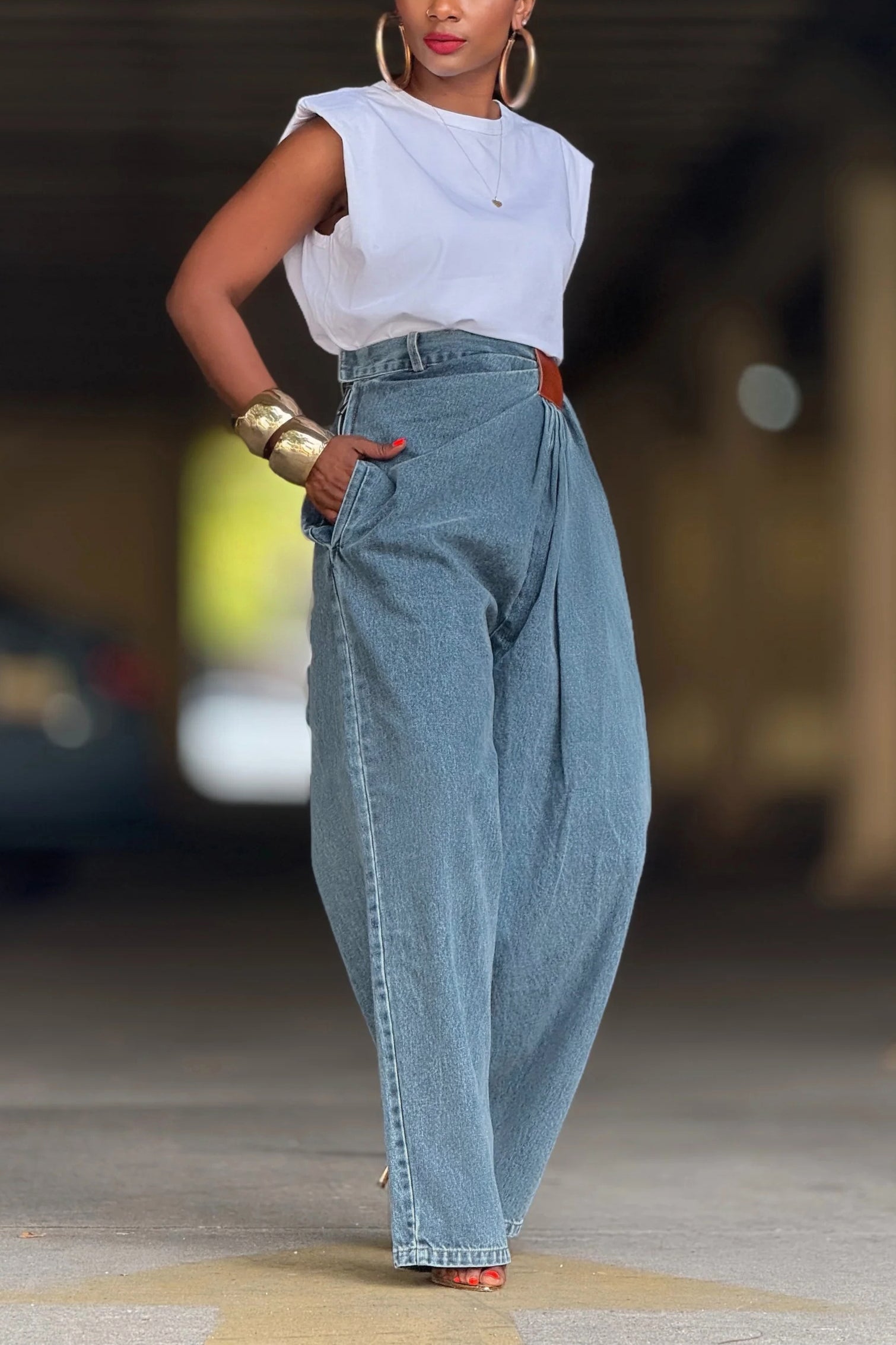 Street Fashion High Rise Drape Pu Waist Brand Jeans*