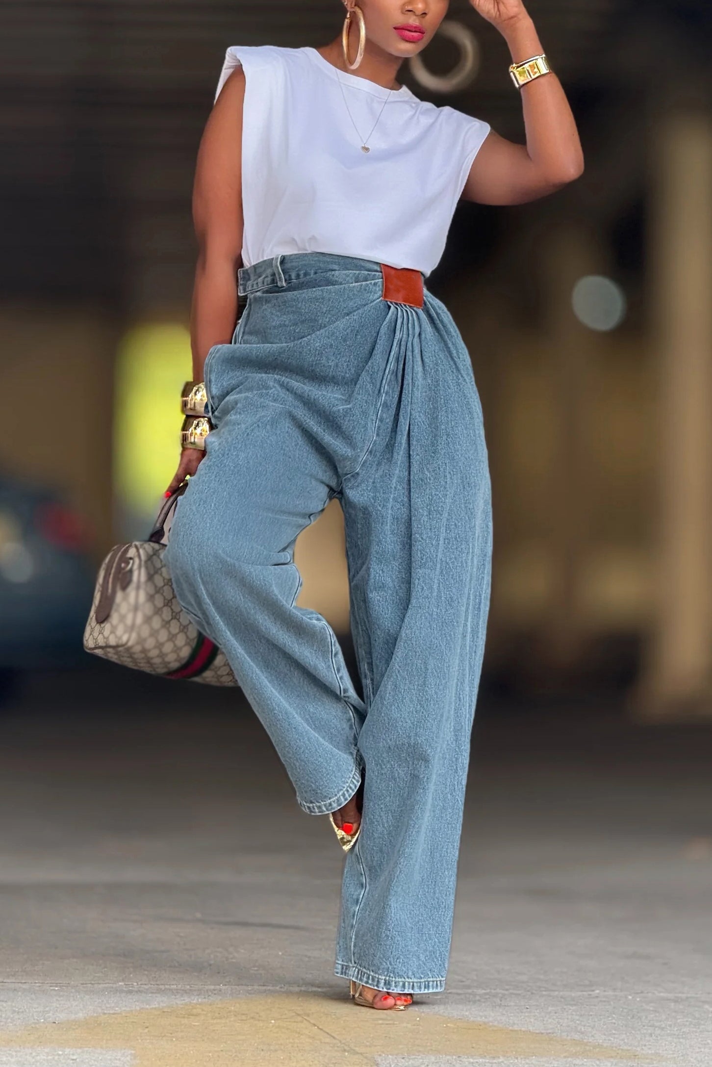 Street Fashion High Rise Drape Pu Waist Brand Jeans*