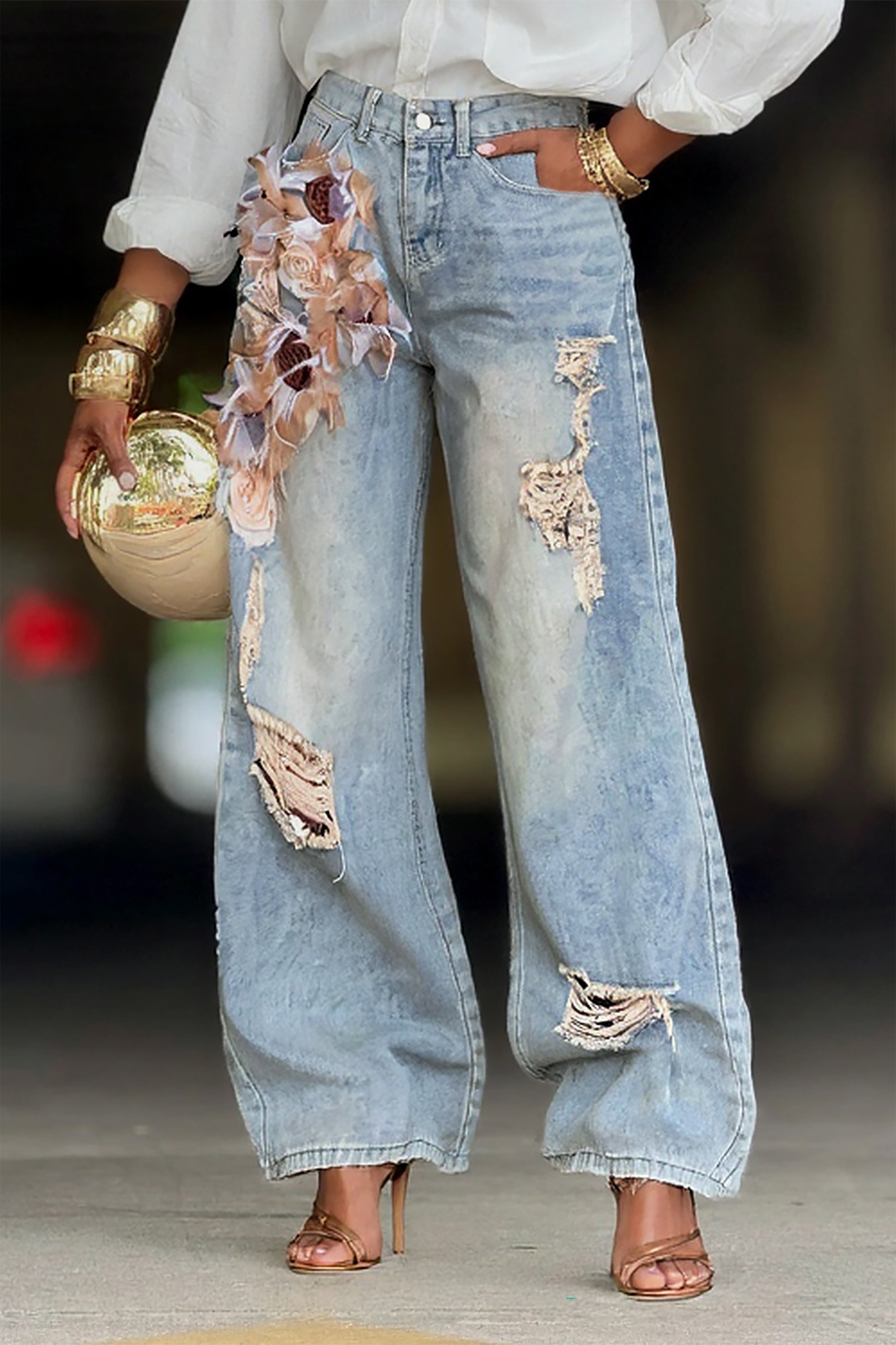 Fashionable 3d Rose Ripped Washed Jeans*