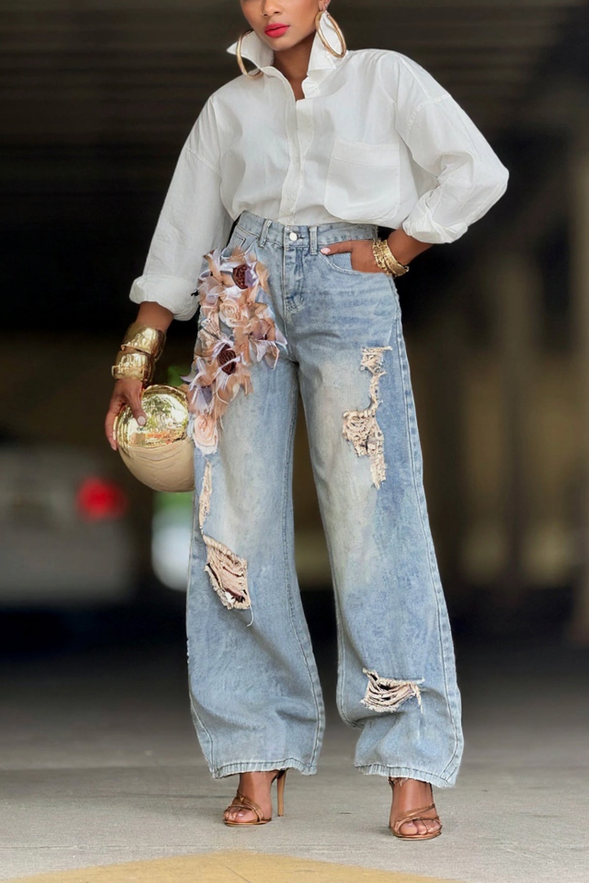 Fashionable 3d Rose Ripped Washed Jeans*