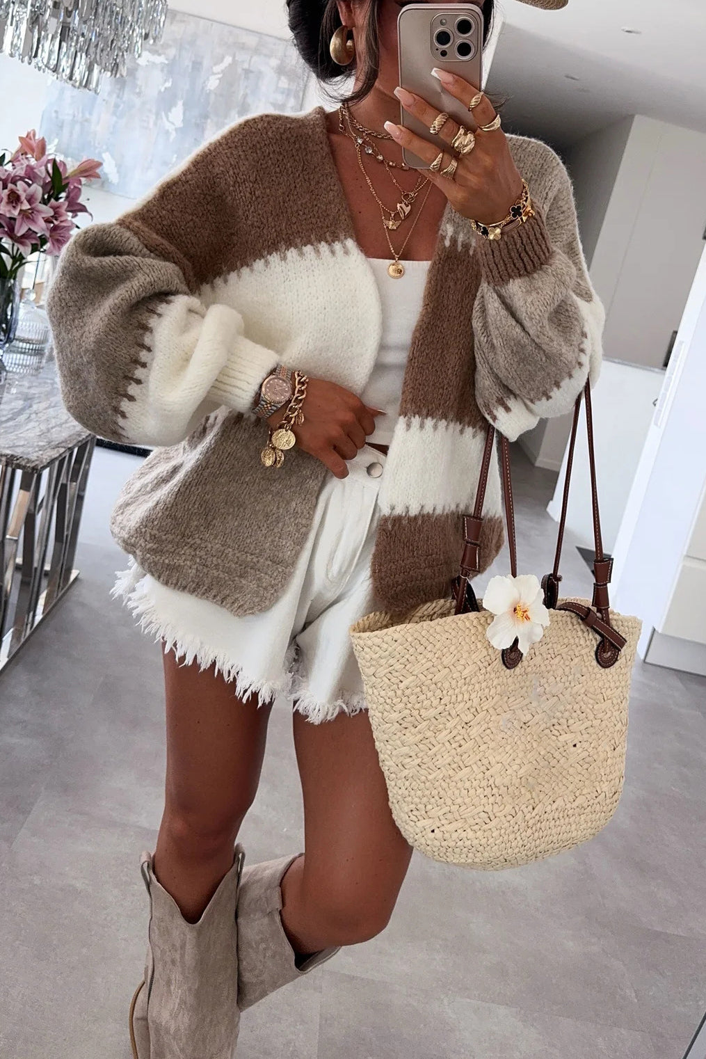 Casual Chunky Knit Rainbow Contrast Cardigan*