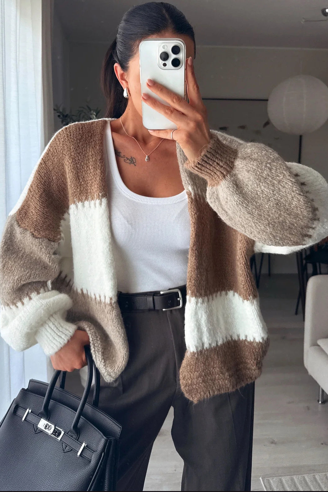 Casual Chunky Knit Rainbow Contrast Cardigan*