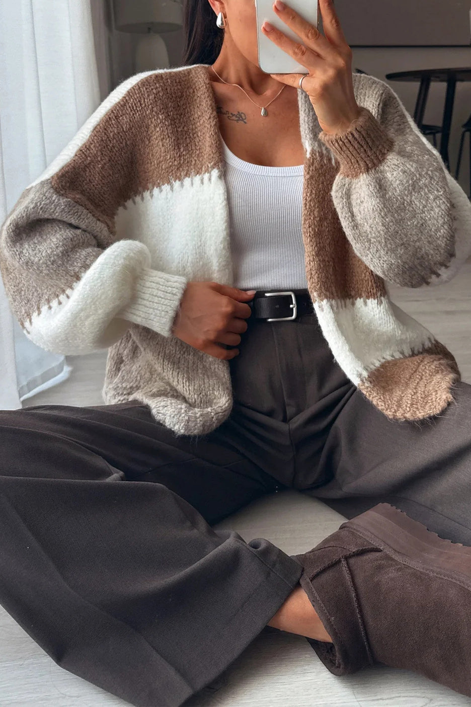 Casual Chunky Knit Rainbow Contrast Cardigan*