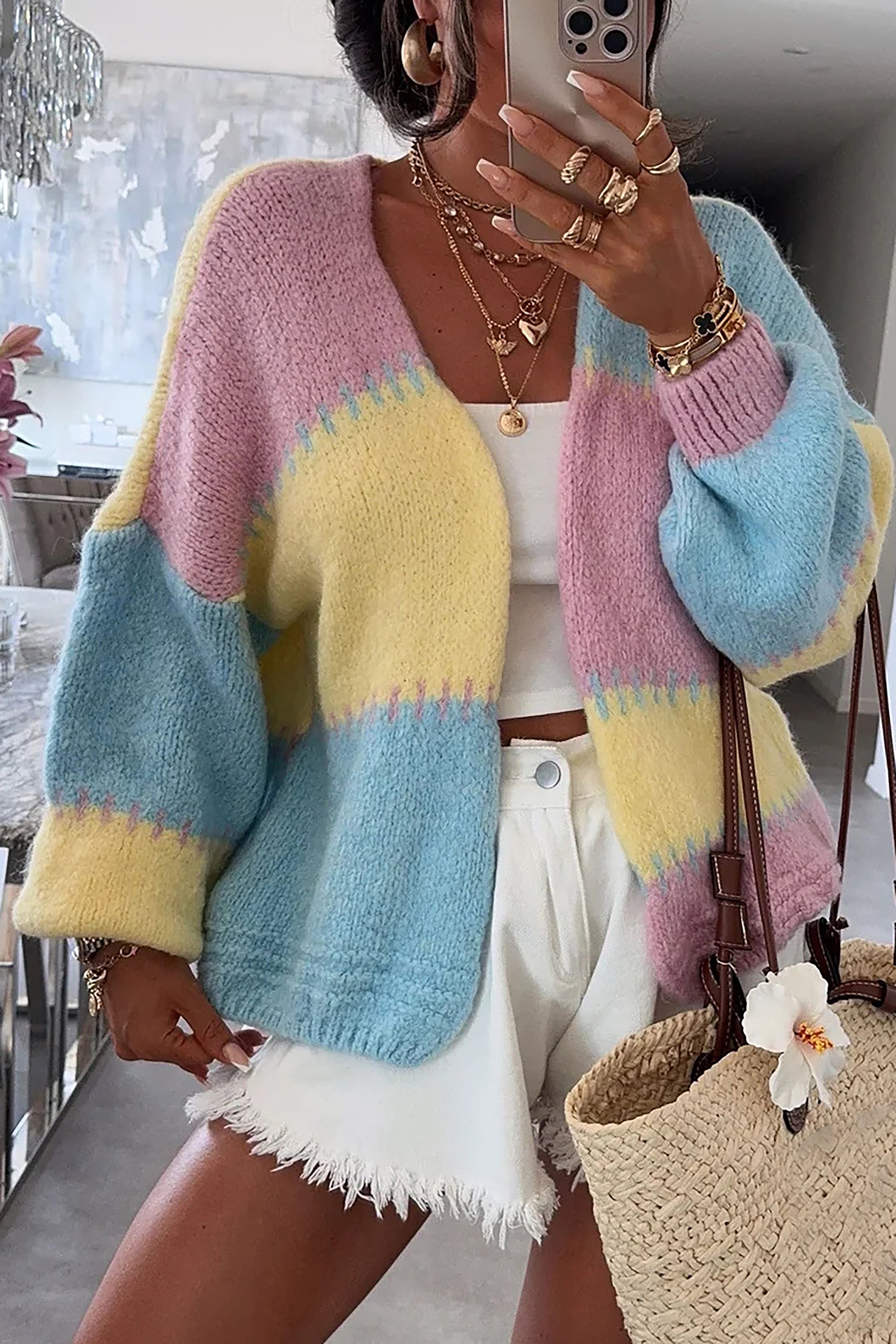 Casual Chunky Knit Rainbow Contrast Cardigan*