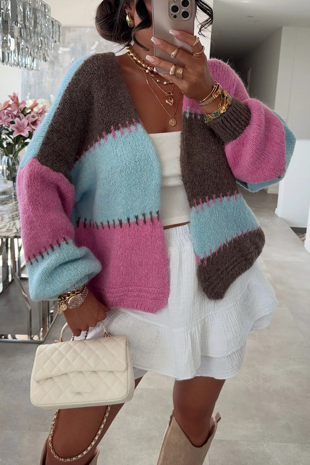 Casual Chunky Knit Rainbow Contrast Cardigan*