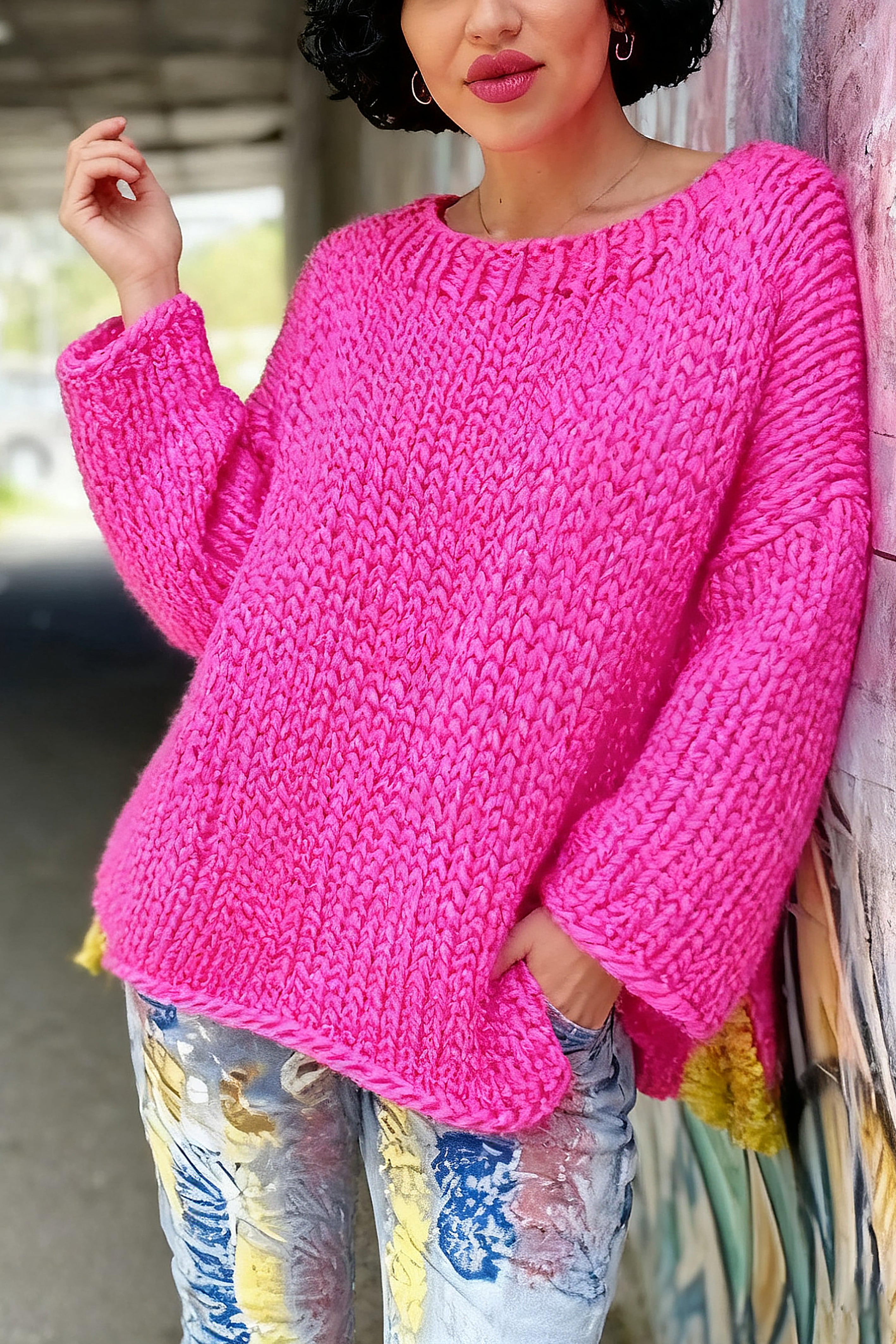 Casual Contrast Color Slit Sweater*