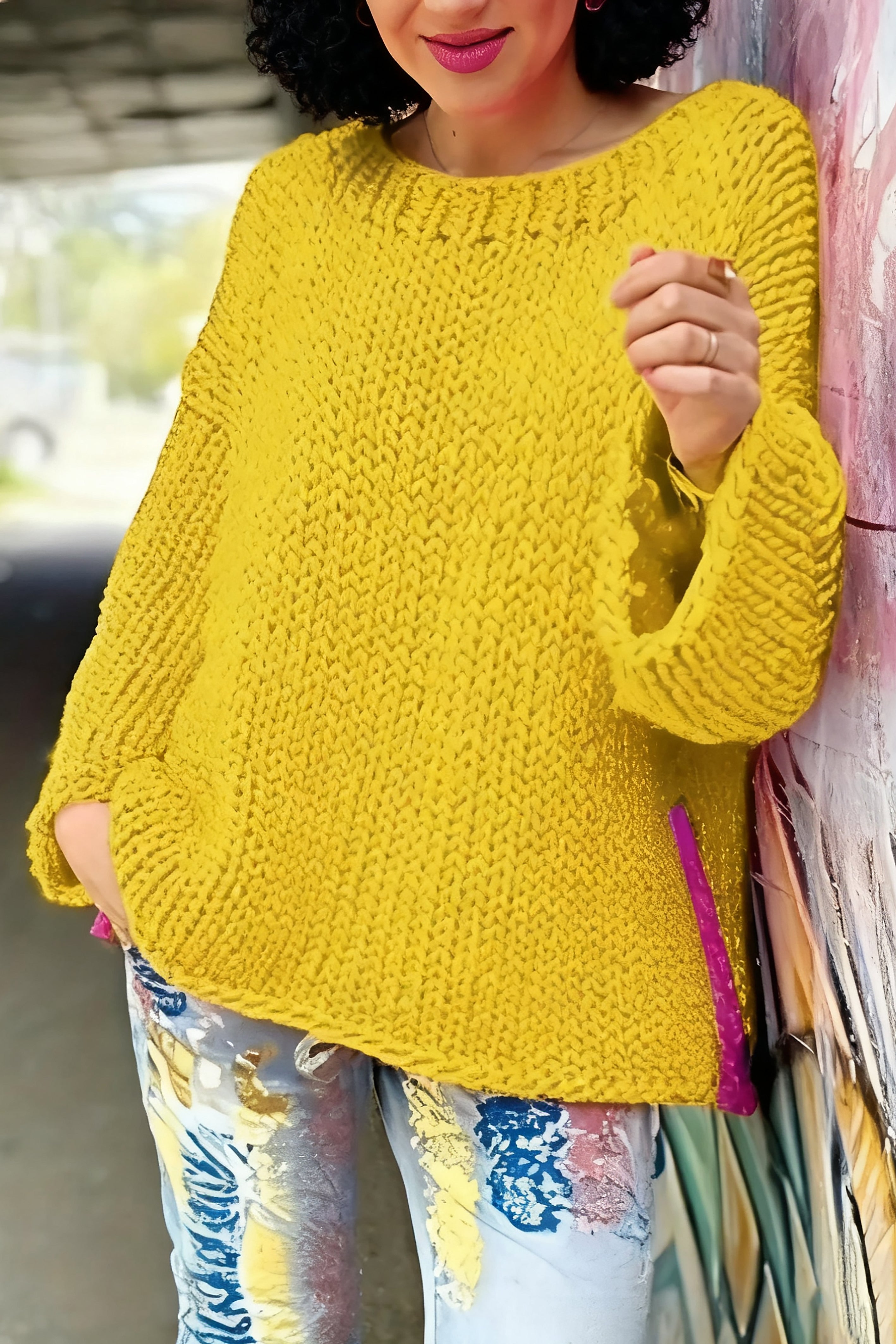 Casual Contrast Color Slit Sweater*