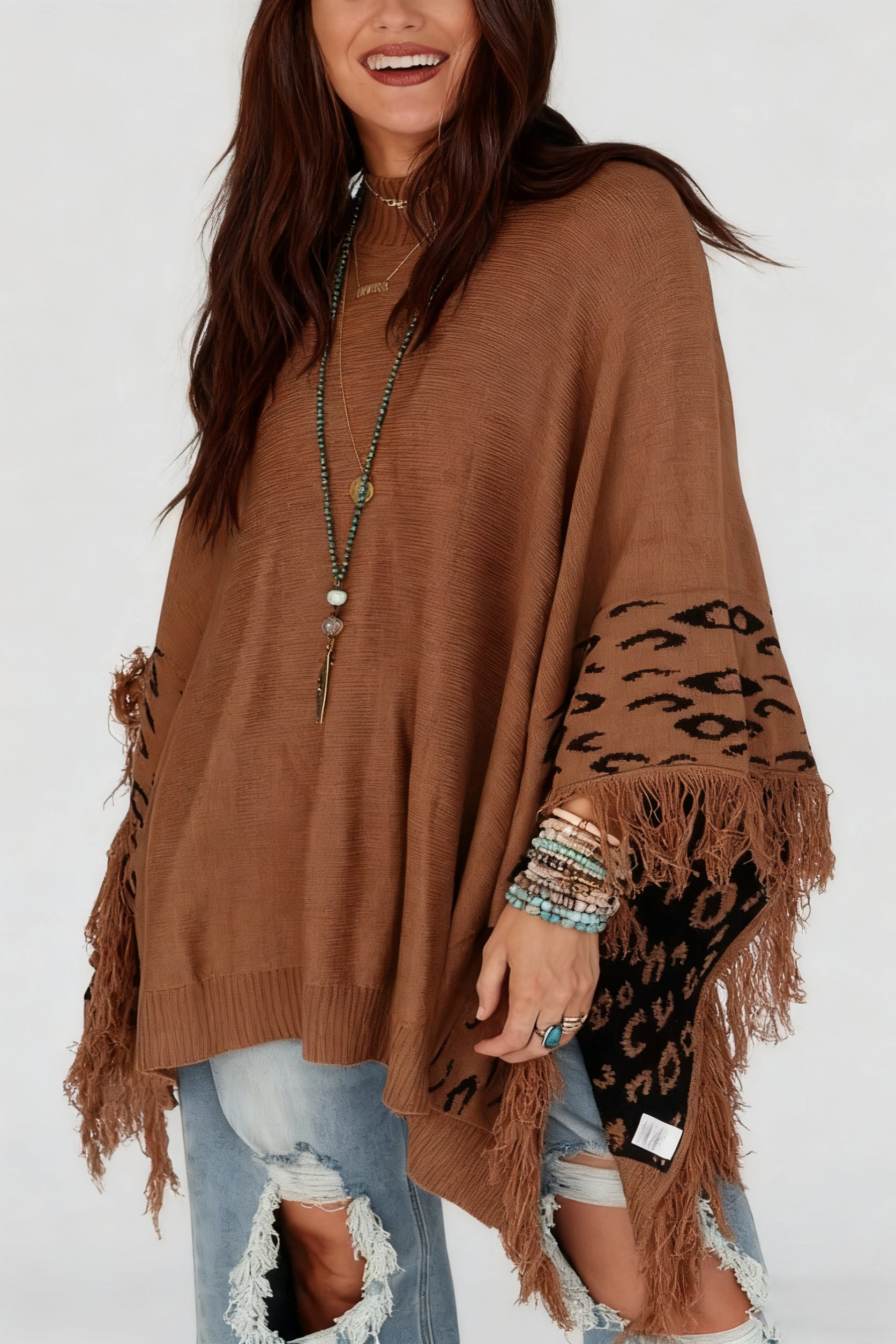 Fashionable Fringed Leopard Print Cape Sweater*