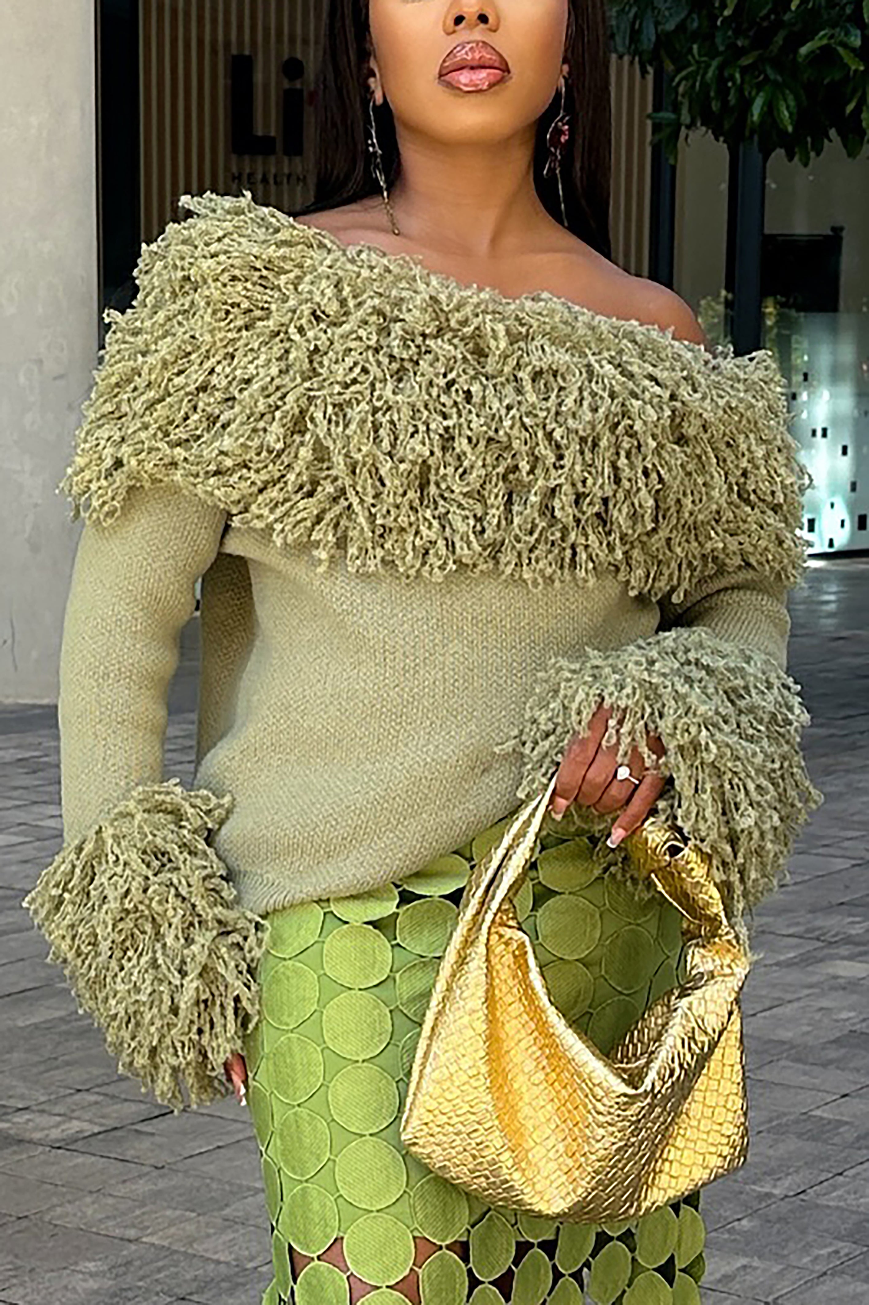 Fashionable Off Shoulder Textured Tassel Sweater*