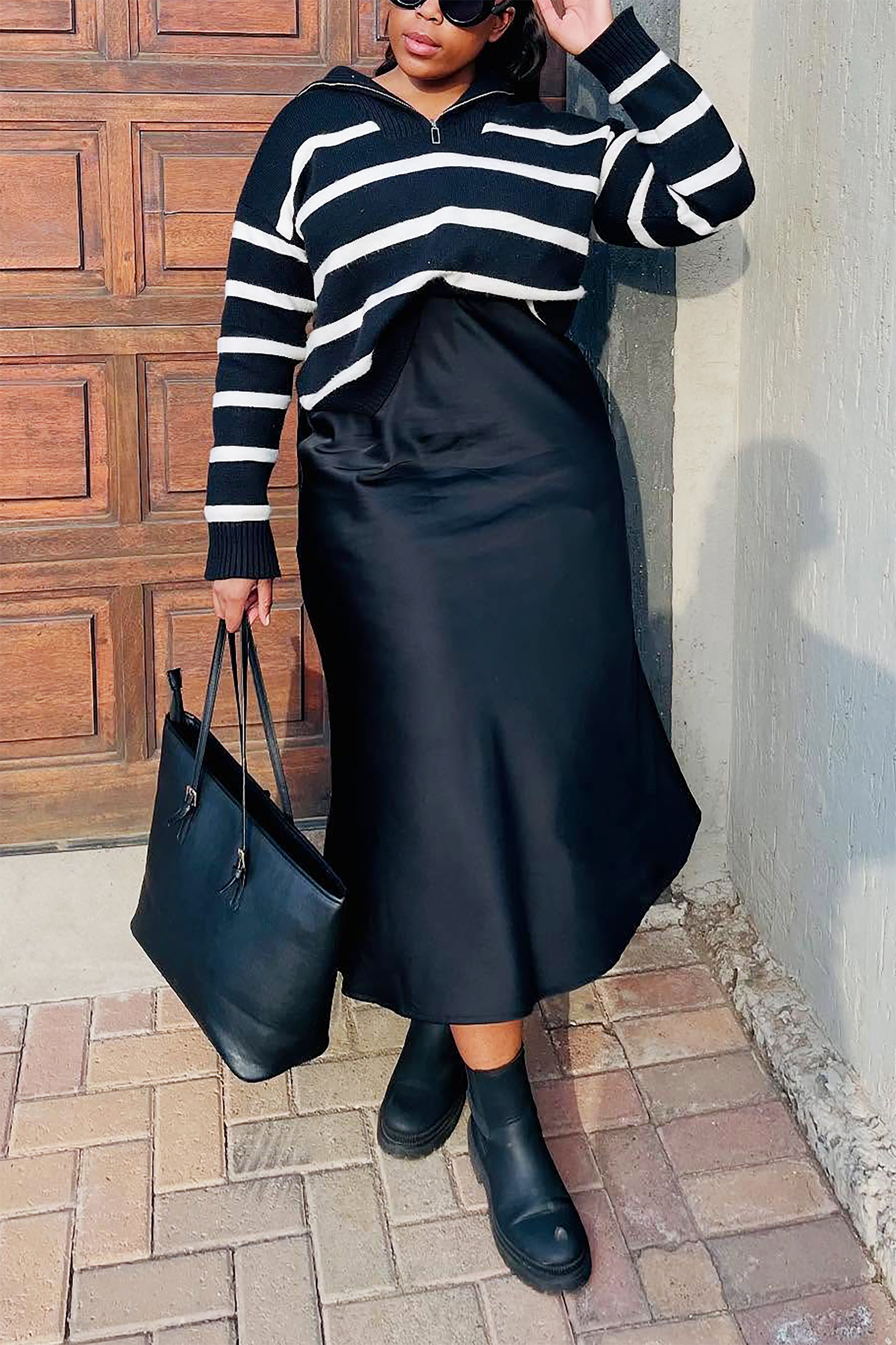 Casual Loose Striped Contrast Zipper Sweater*