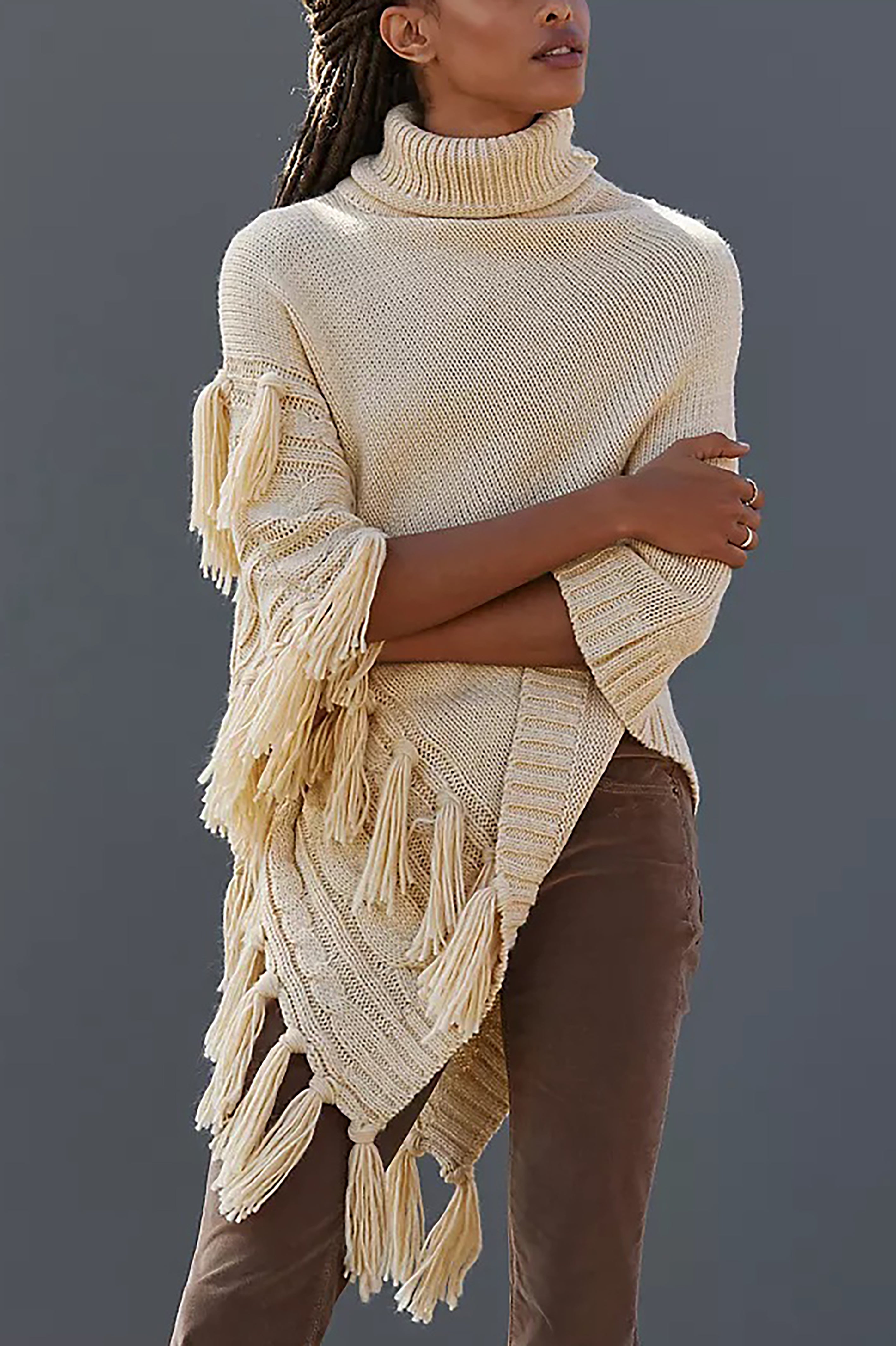 Casual Solid Loose Tassel Turtleneck Tassel Sweater*