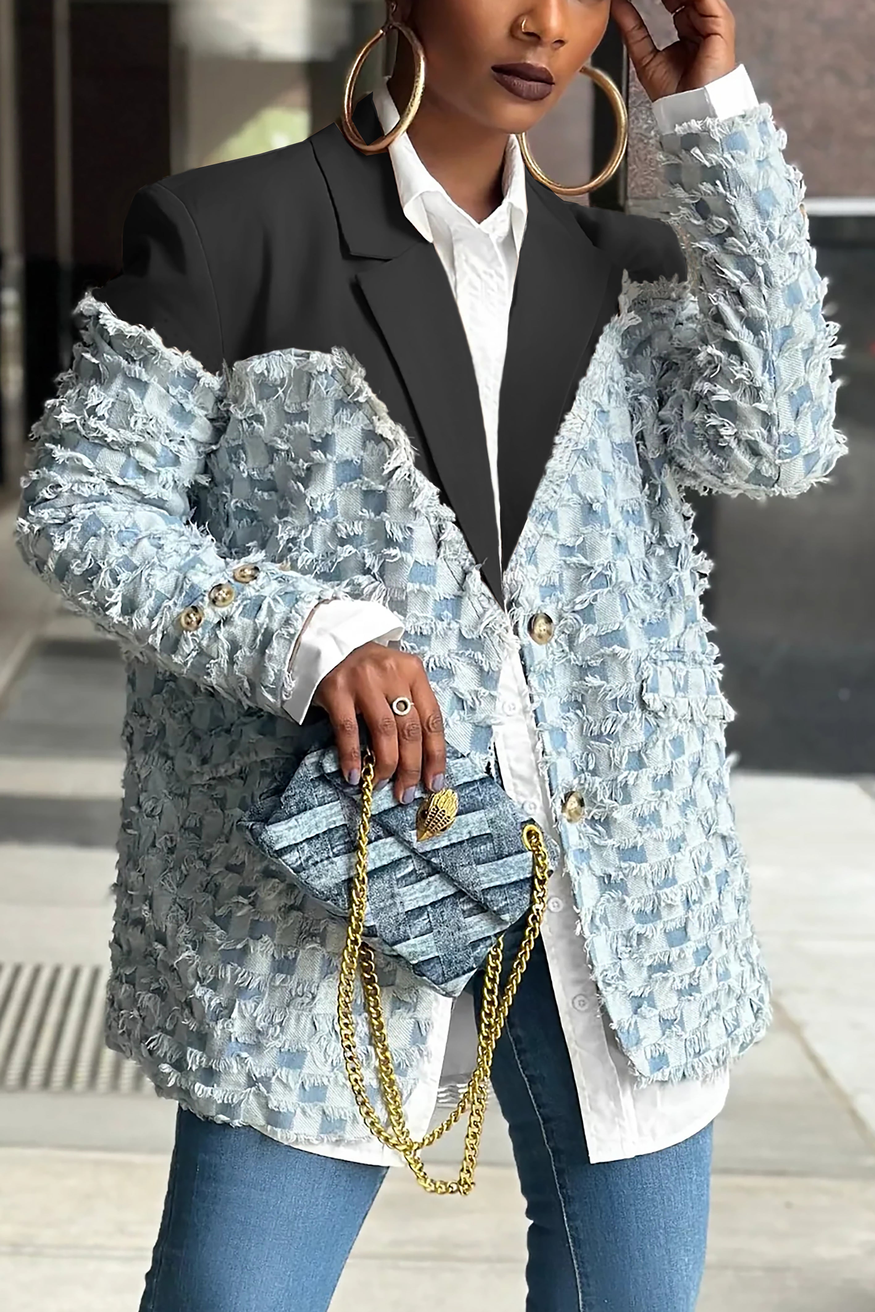 Fashionable Checkerboard Jacquard Contrast Color Stitching Blazer*