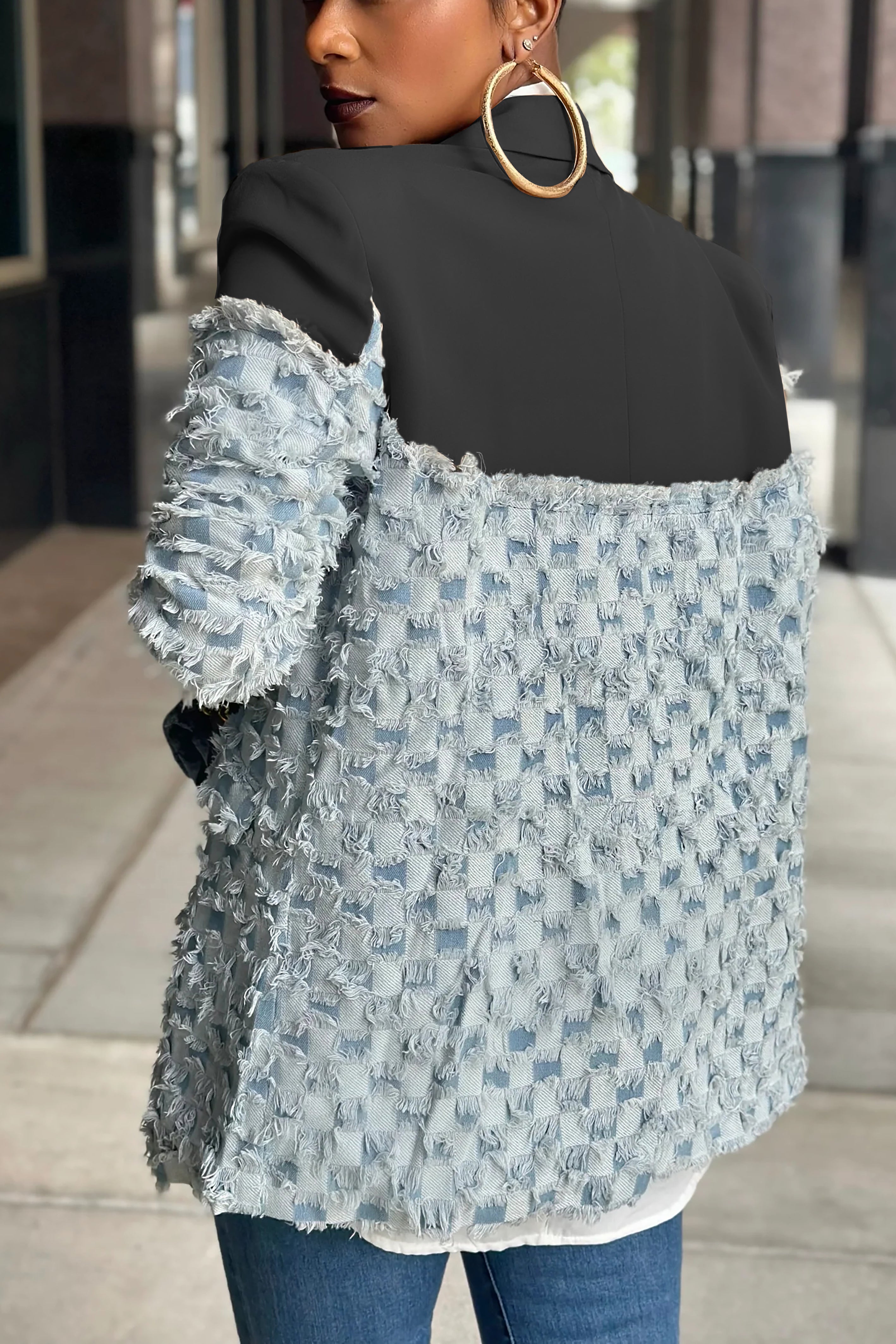 Fashionable Checkerboard Jacquard Contrast Color Stitching Blazer*