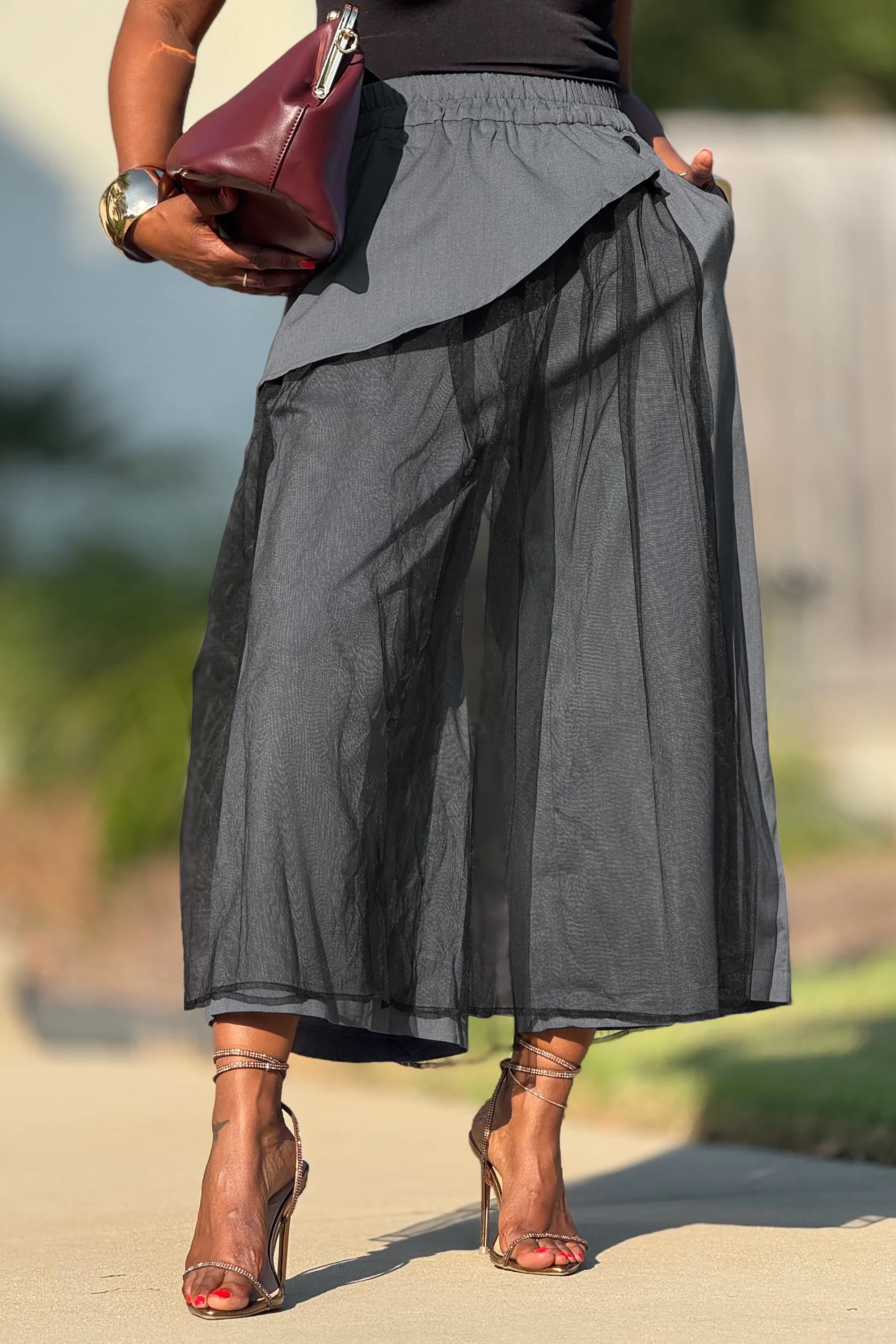 Casual Splicing Mesh Wide Leg Pants*