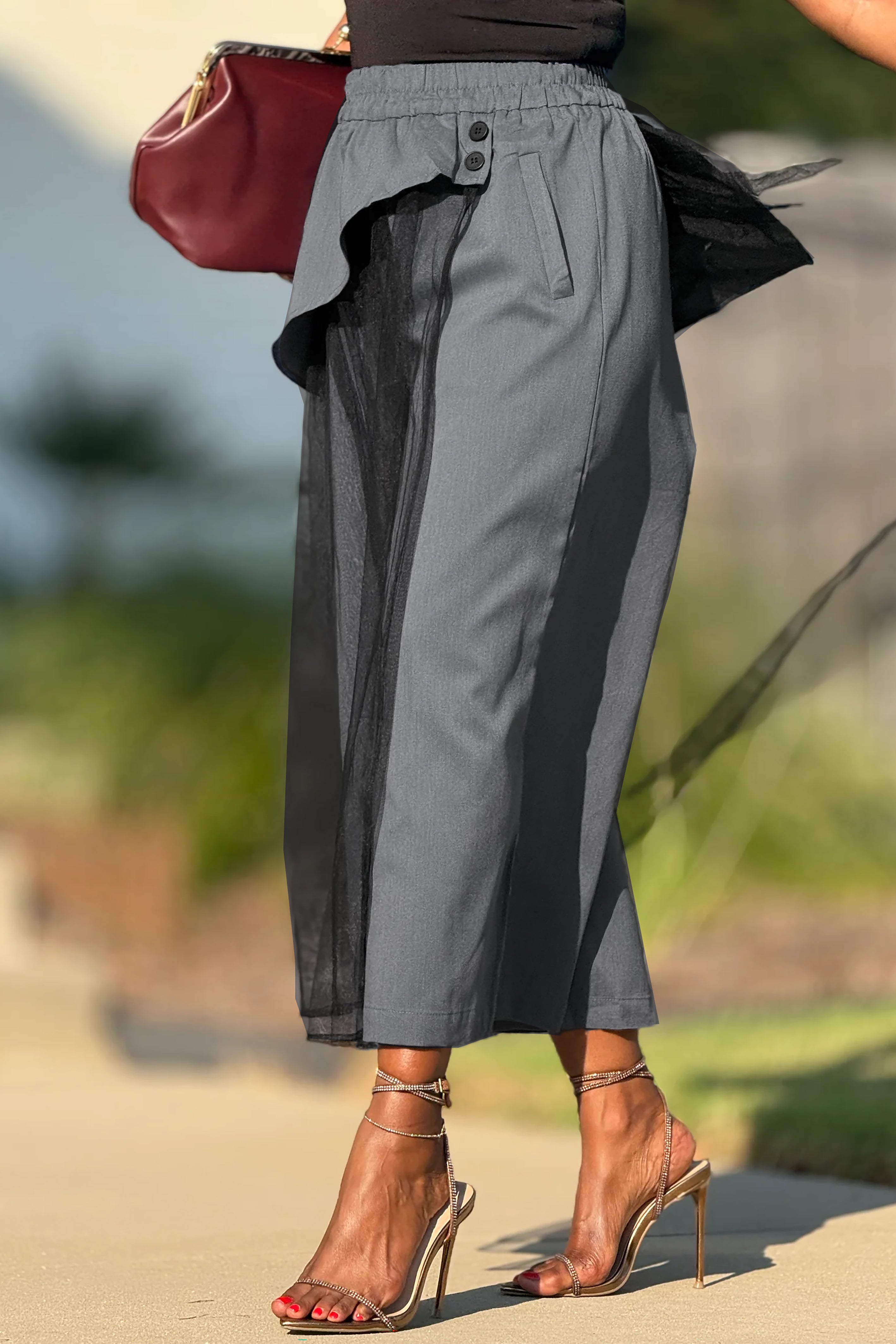 Casual Splicing Mesh Wide Leg Pants*