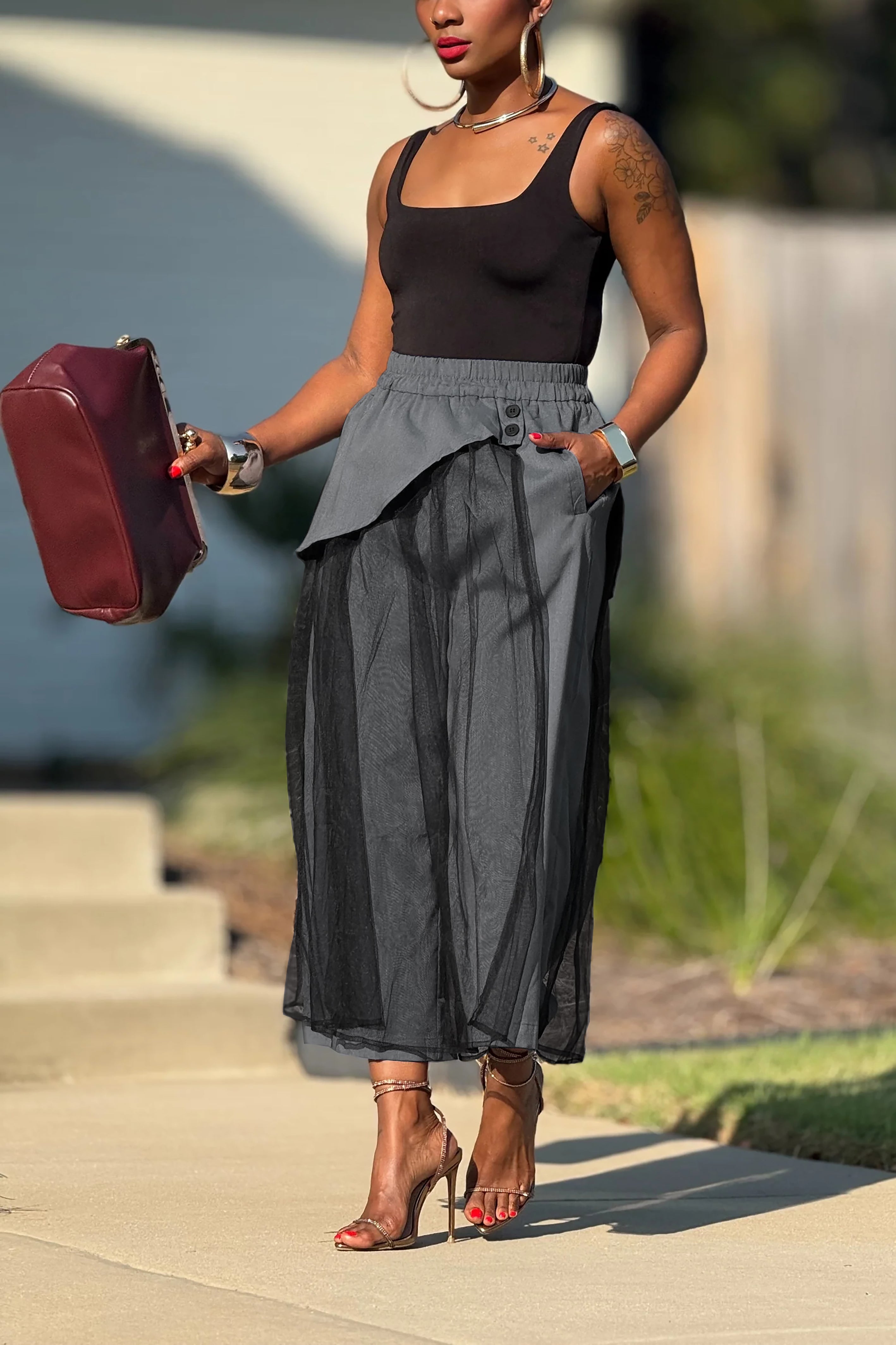 Casual Splicing Mesh Wide Leg Pants*