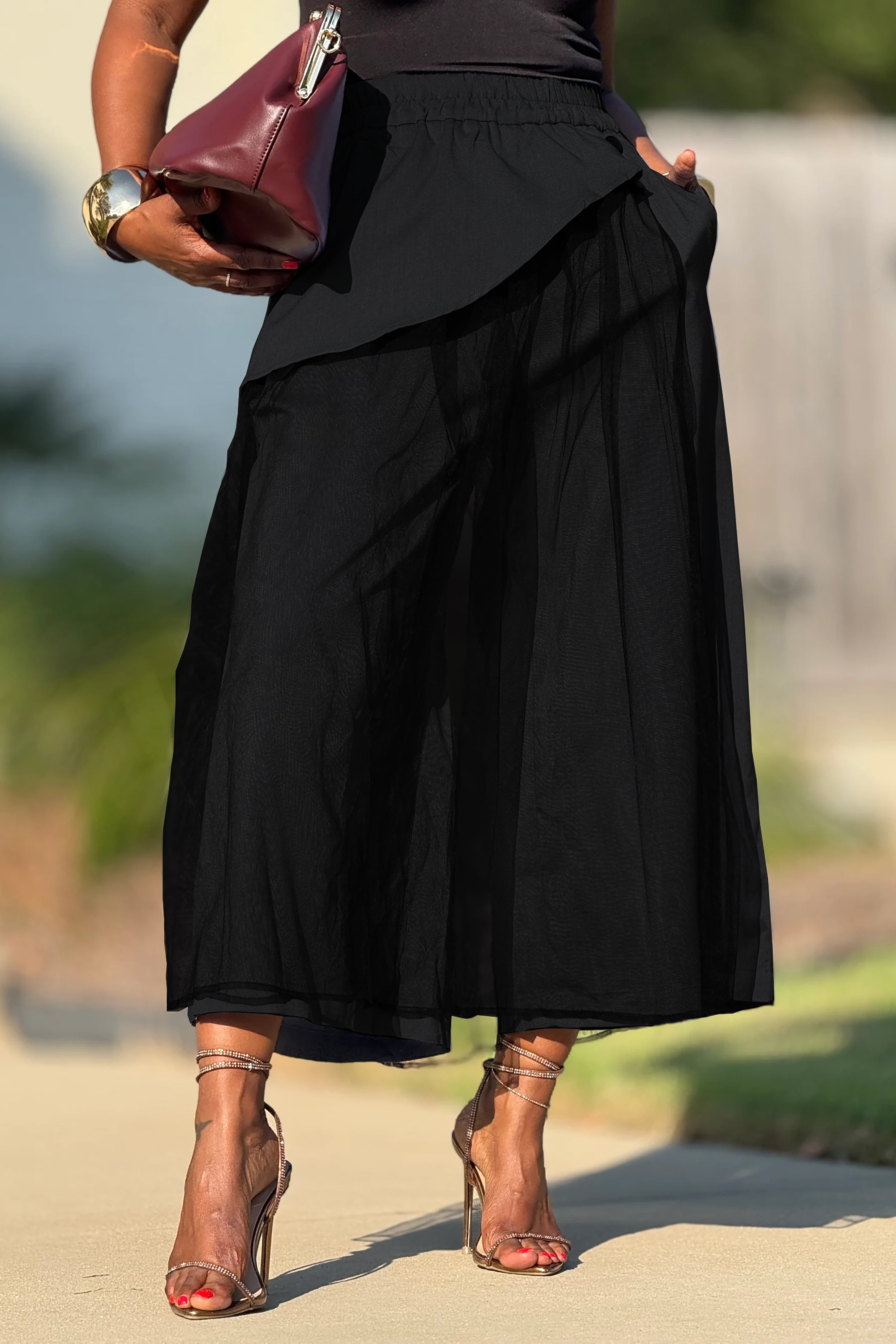 Casual Splicing Mesh Wide Leg Pants*