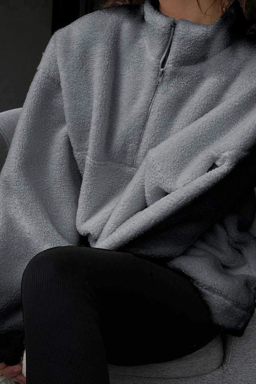 Casual Solid Zipper Neck Lambskin Pullover Sweatshirt*