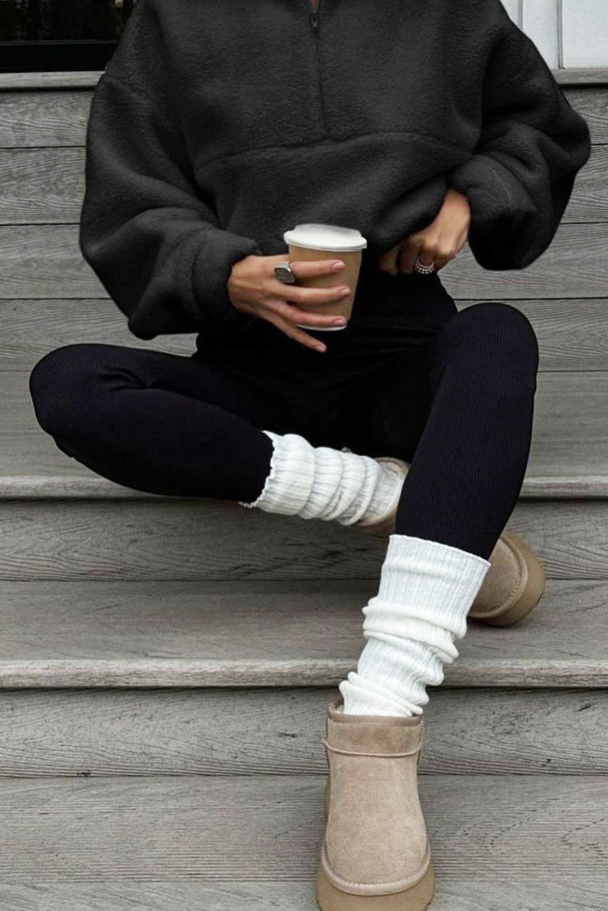 Casual Solid Zipper Neck Lambskin Pullover Sweatshirt*