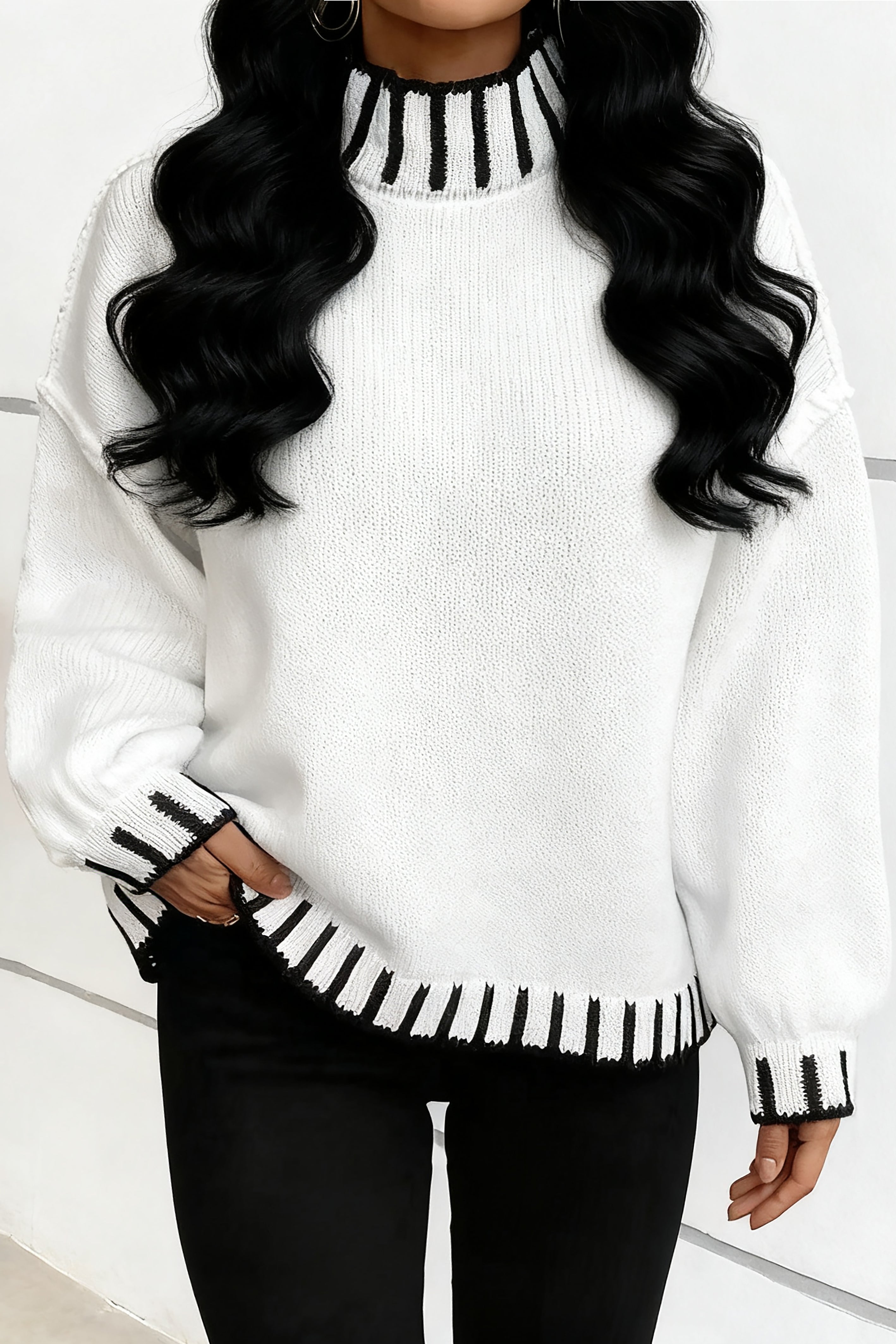 Casual Colorblock Turtleneck Lantern Sleeve Sweater*