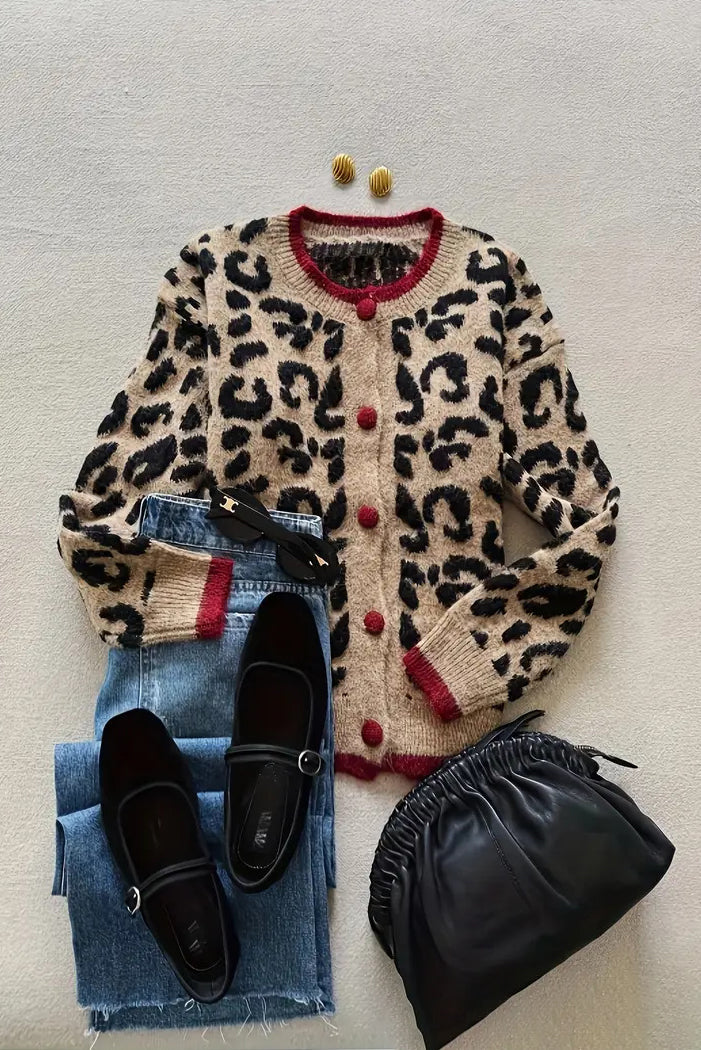 Retro Contrast Leopard Print Cardigan*