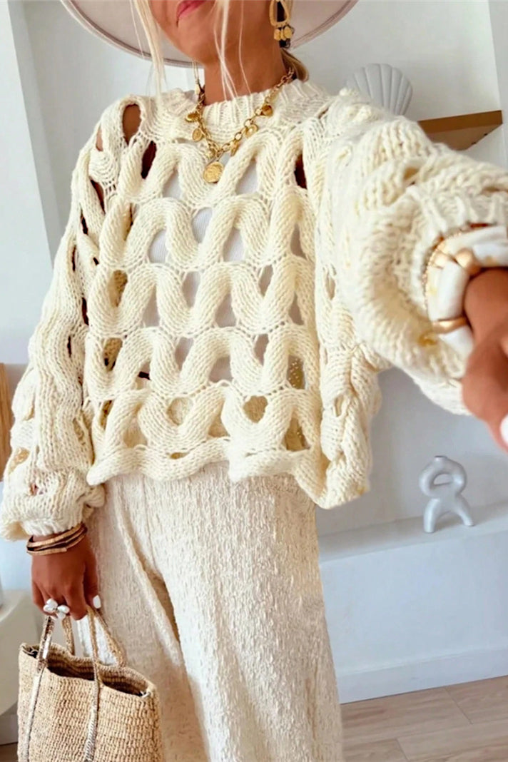 Fashionable Hollow Crochet Long Sleeved Sweater*