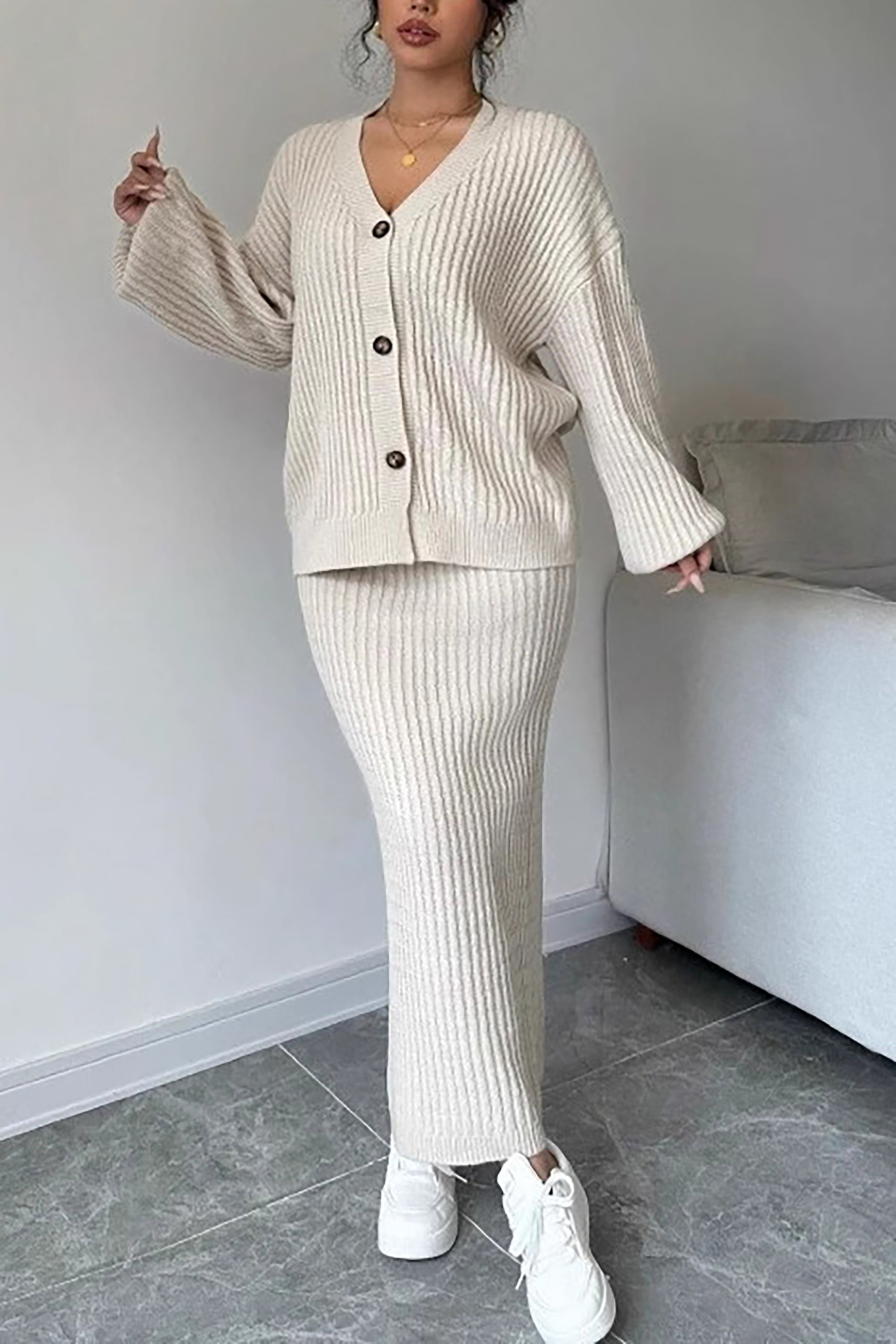 Comfortable Solid Cardigan & Knit Skirt Set*