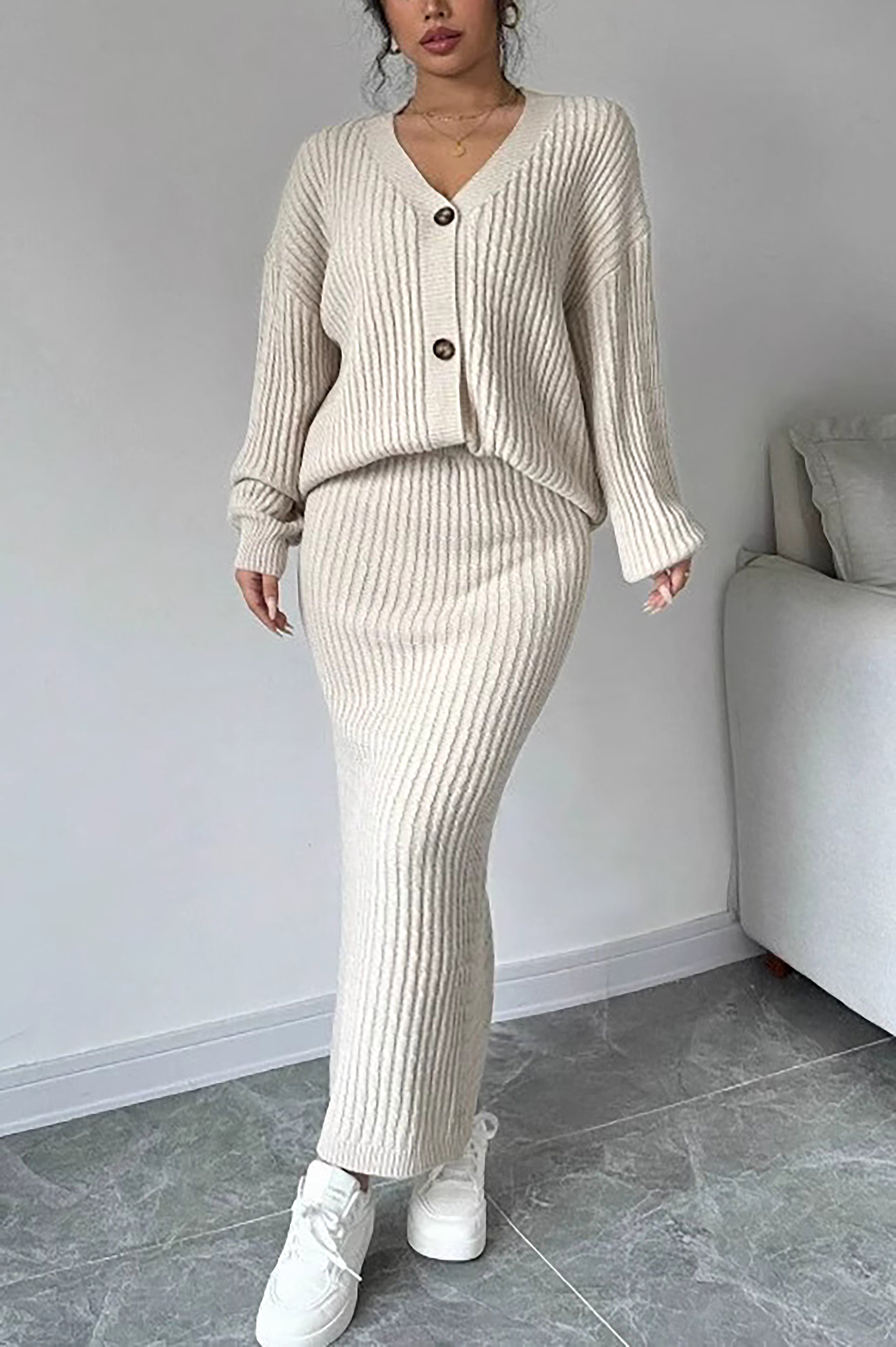 Comfortable Solid Cardigan & Knit Skirt Set*