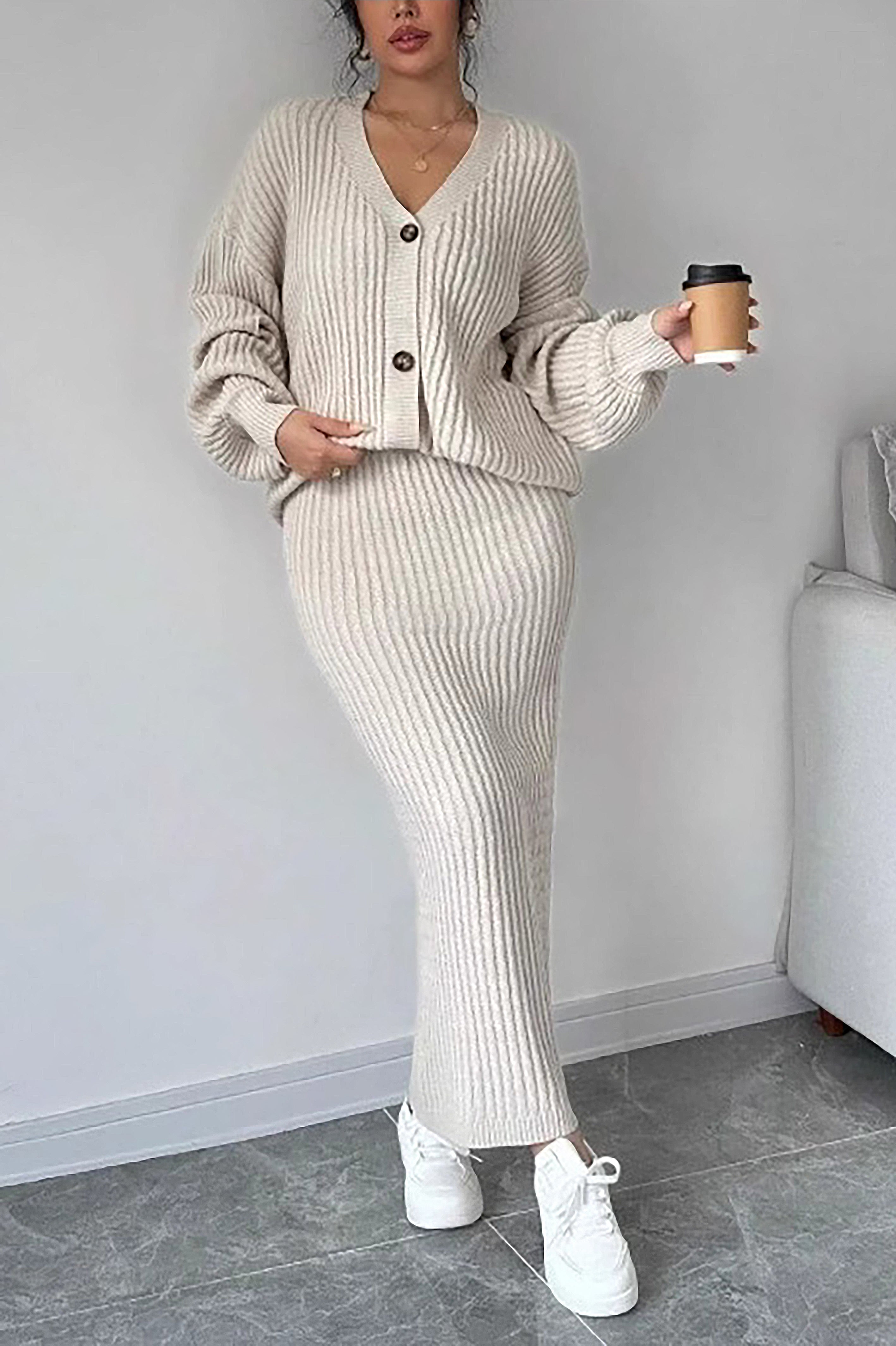 Comfortable Solid Cardigan & Knit Skirt Set*